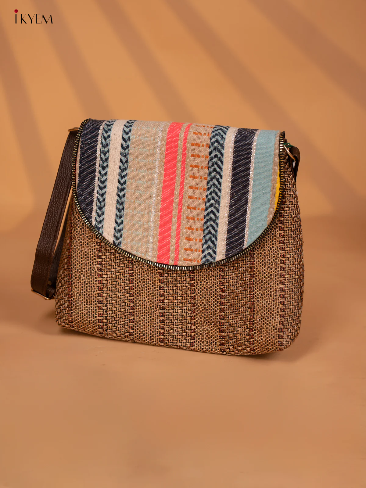 Jacquard Leather Sling Bag with Printed Flap - Brown - KD05139 - Image 2
