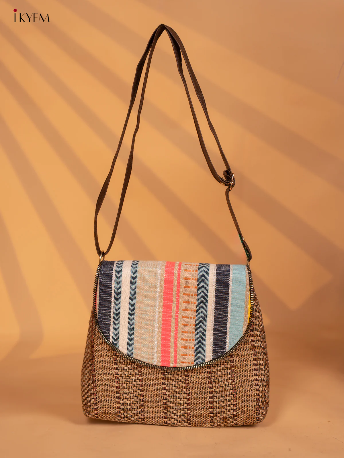 Jacquard Leather Sling Bag with Printed Flap - Brown - KD05139 - Image 3