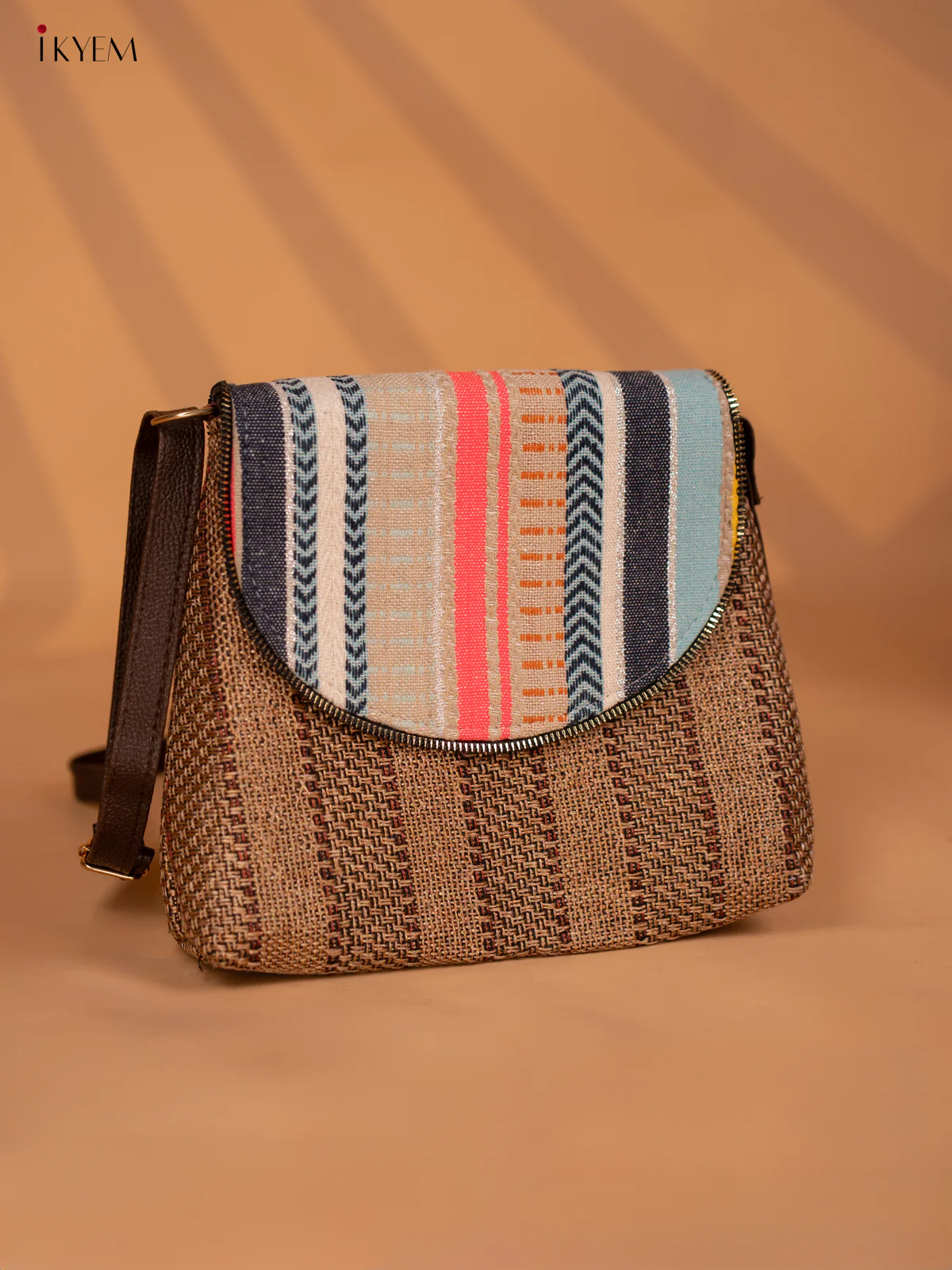 Jacquard Leather Sling Bag with Printed Flap - Brown - KD05139 - Image 4