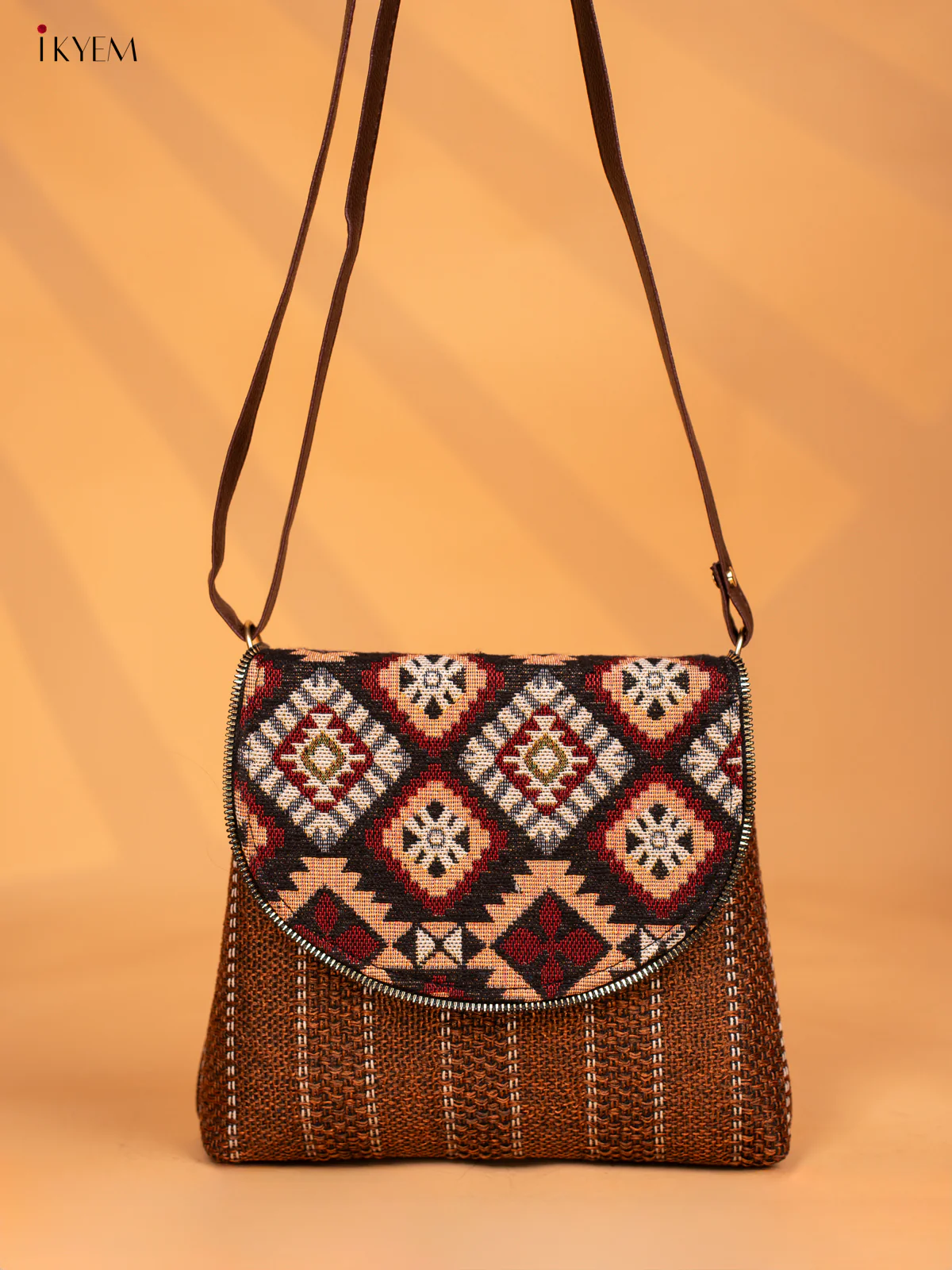 Jacquard Leather Sling Bag with Printed Flap - Coffee Brown - KD05140