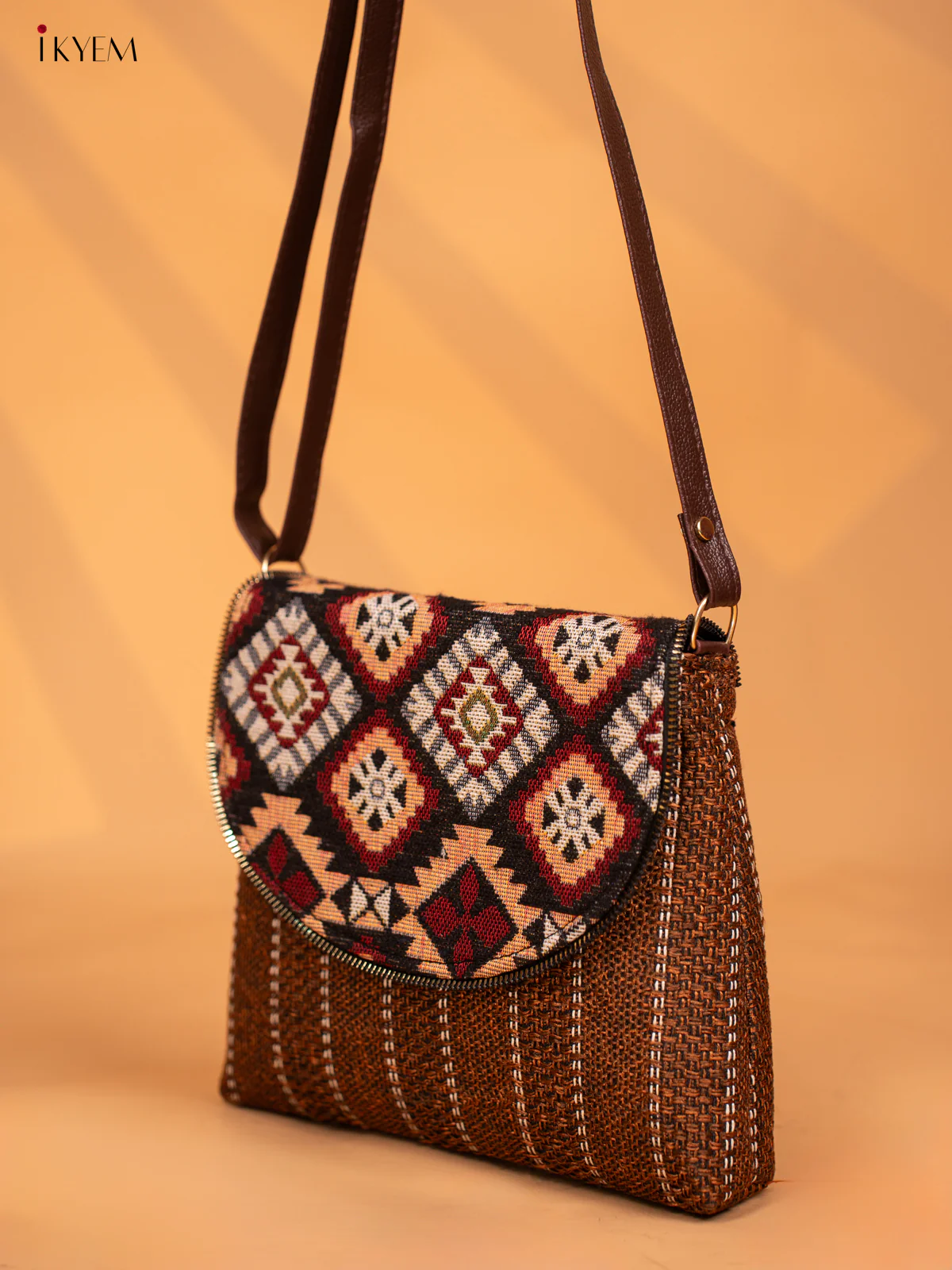 Jacquard Leather Sling Bag with Printed Flap - Coffee Brown - KD05140 - Image 2