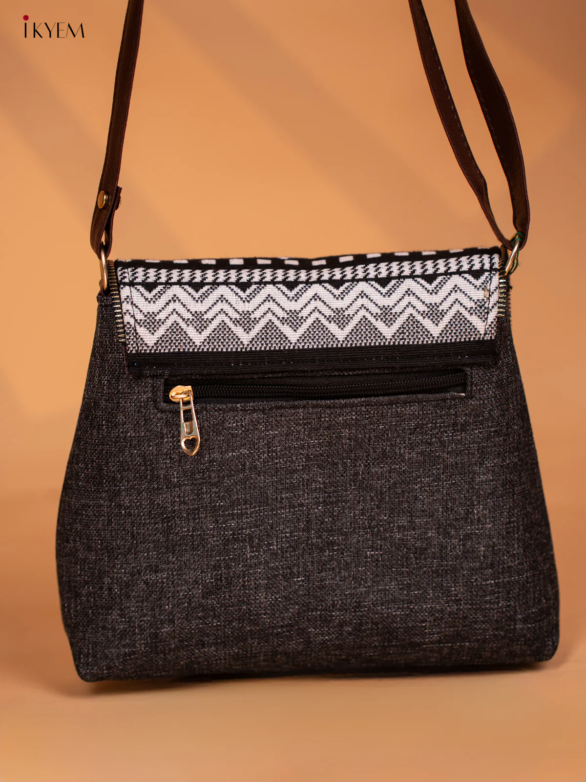Jacquard Leather Sling Bag with Printed Flap -Black - KD05142 - Image 4
