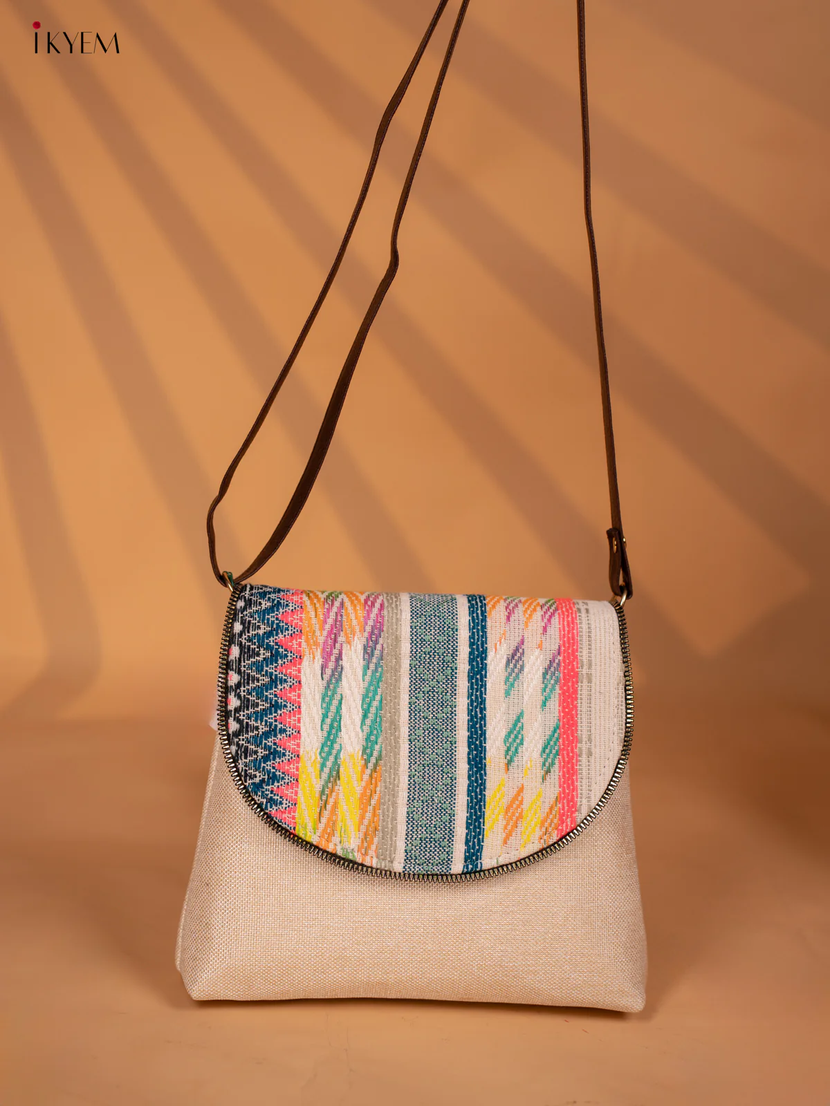 Jacquard Leather Sling Bag with Printed Flap -Off White - KD05143 - Image 4