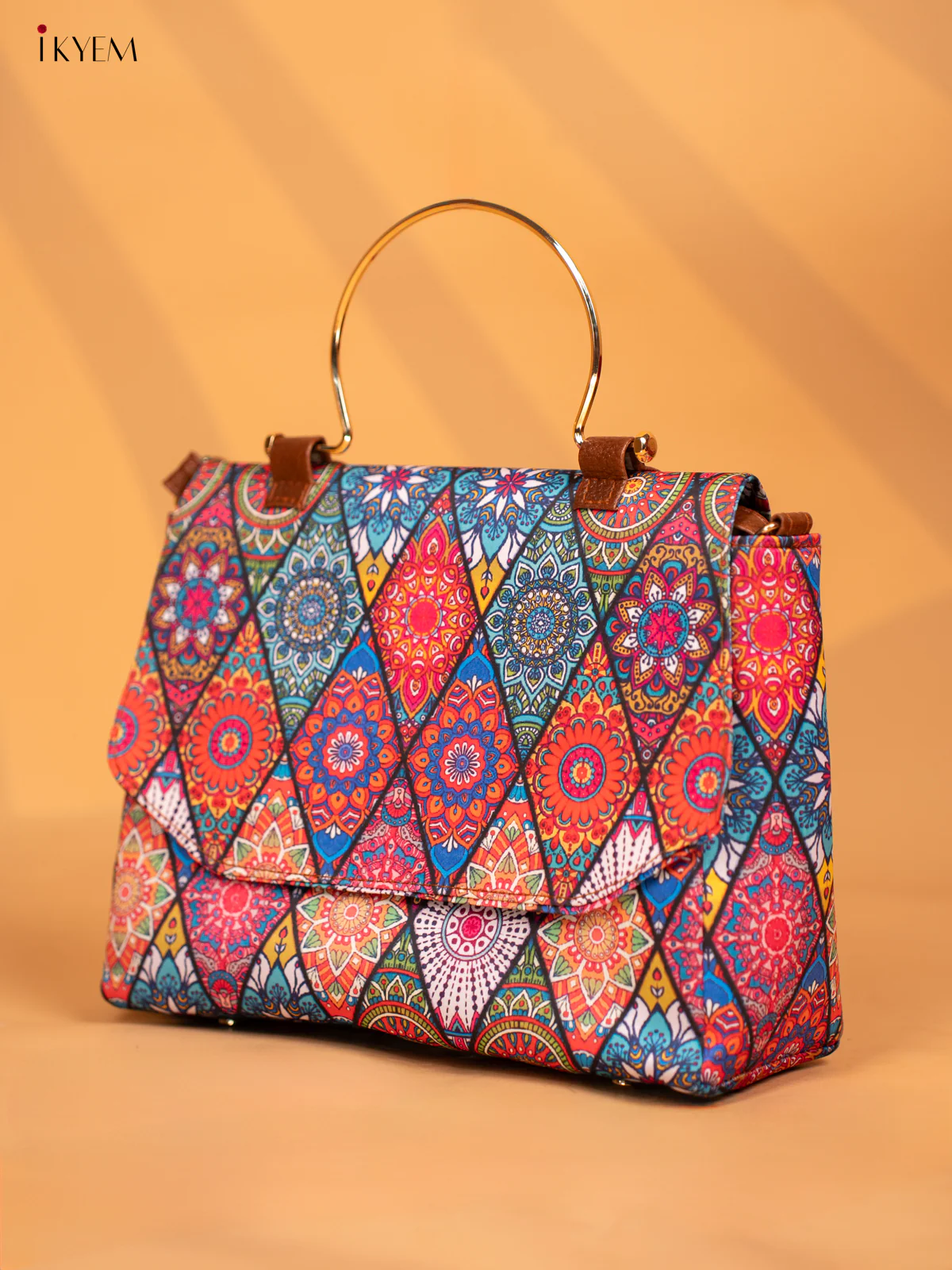 Printed Geometric Design Metal Handle with Leather Sling Bag - Multi Colour - KD05147 - Image 2