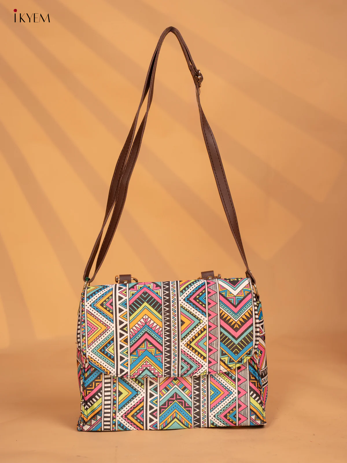 Printed Geometric Design Metal Handle with Leather Sling Bag - Multi Colour - KD05149 - Image 3