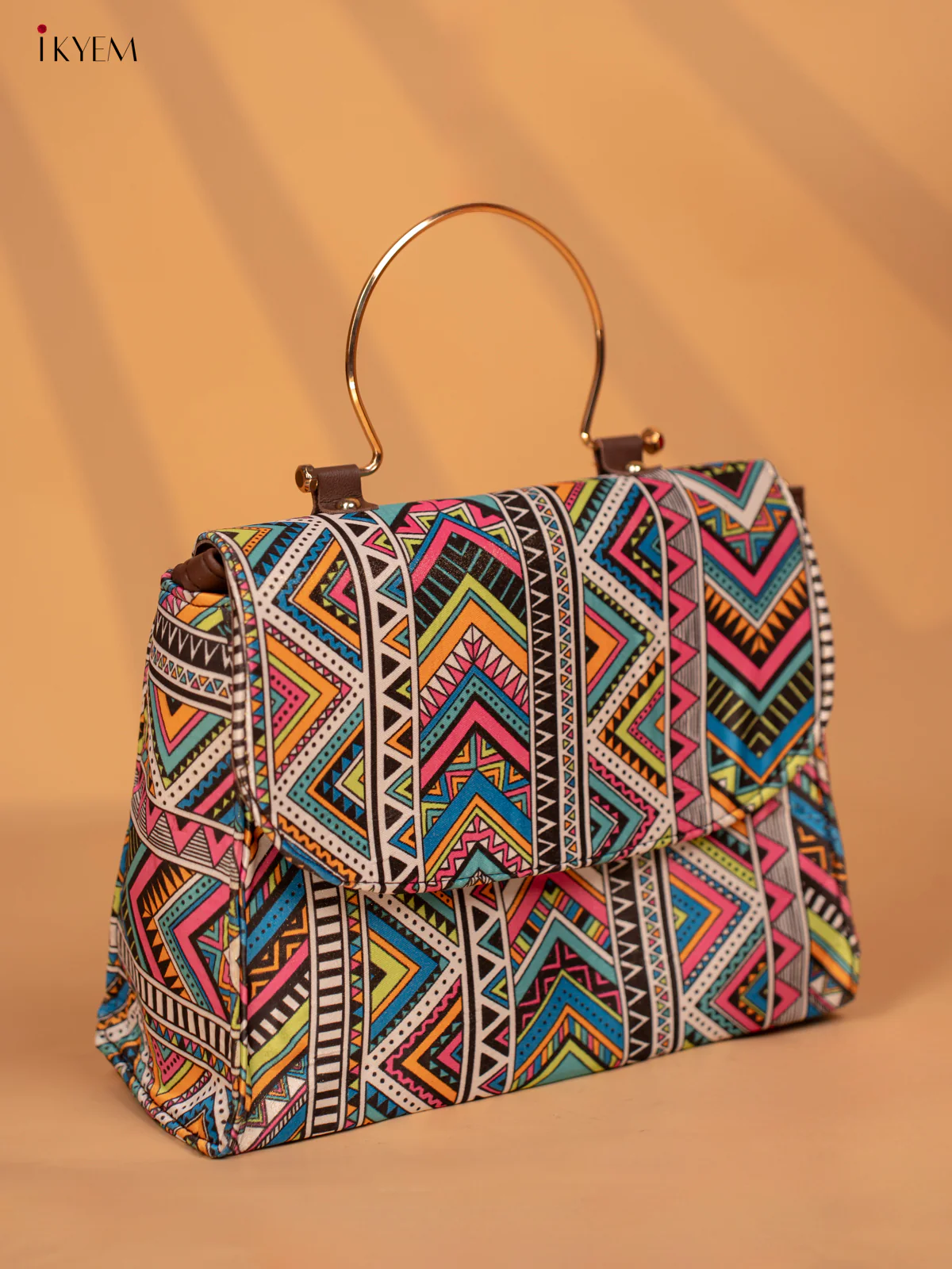 Printed Geometric Design Metal Handle with Leather Sling Bag - Multi Colour - KD05149 - Image 4