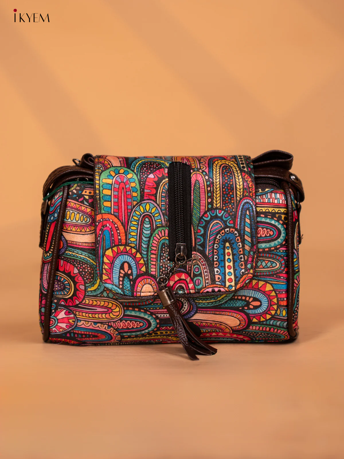 Printed Rangoli Design Leather Sling Bag - Multi Colour - KD05155
