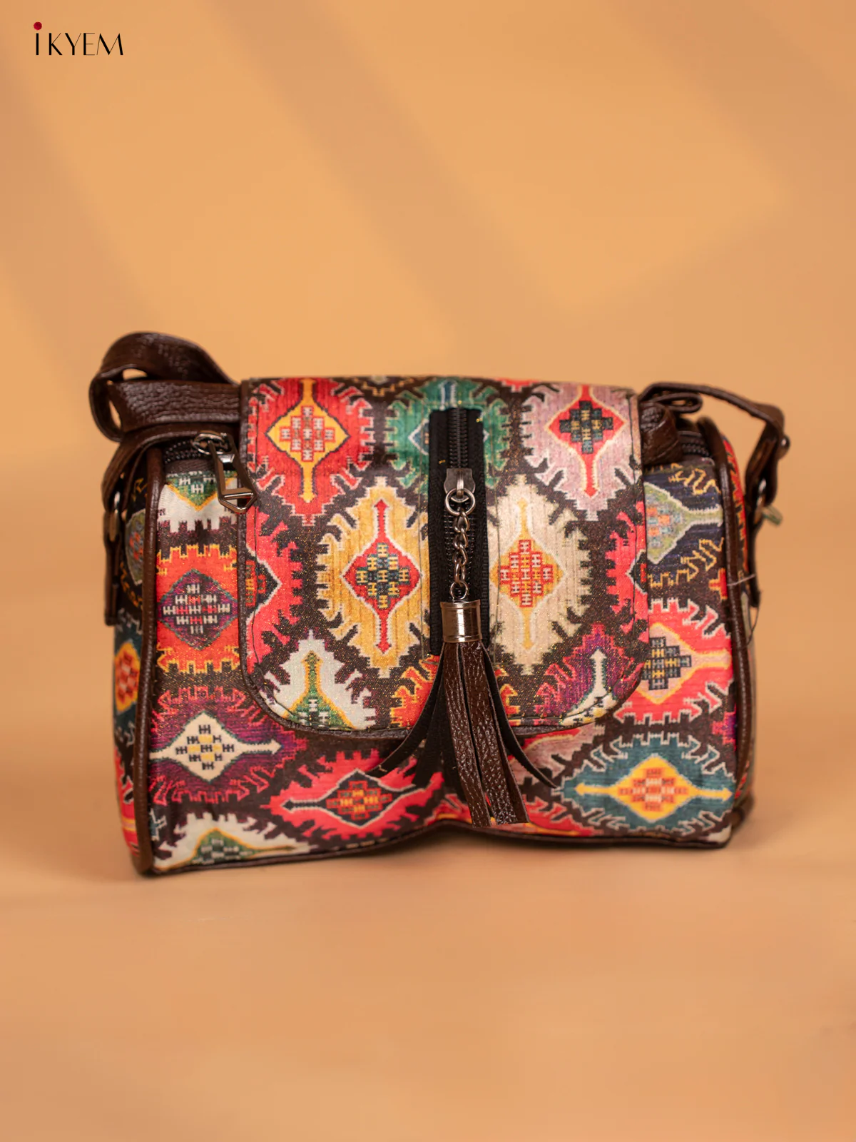Printed Ikat Design Leather Sling Bag - Multi colour - KD05156