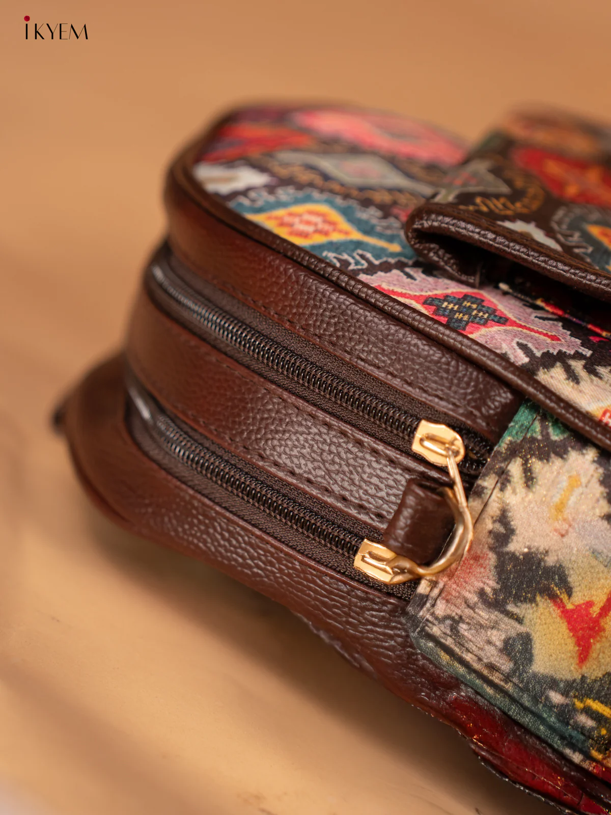 Printed Ikat Design Leather Backpack - Multi colour - KD05161 - Image 6