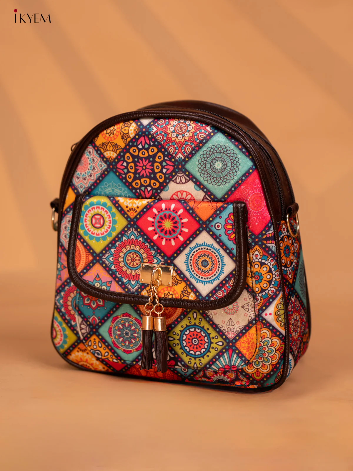 Printed Mandala Art Leather Backpack - Multi Colour - KD05163 - Image 2