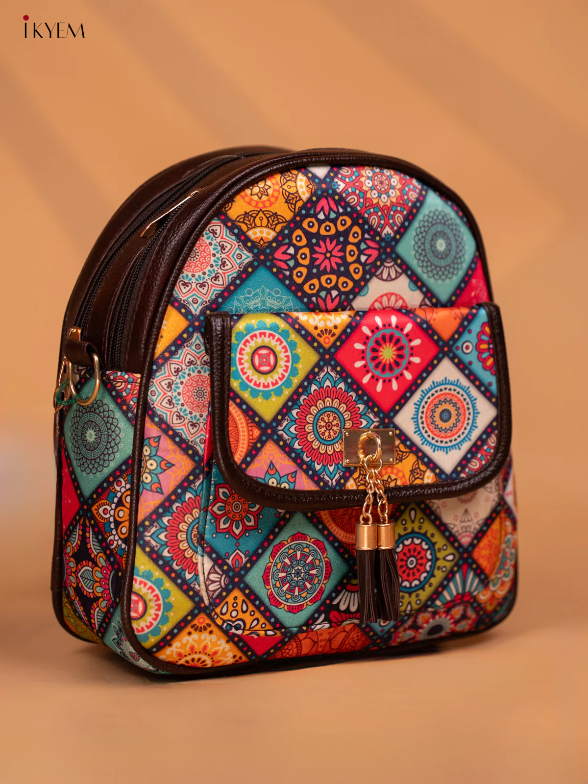 Printed Mandala Art Leather Backpack - Multi Colour - KD05163 - Image 3