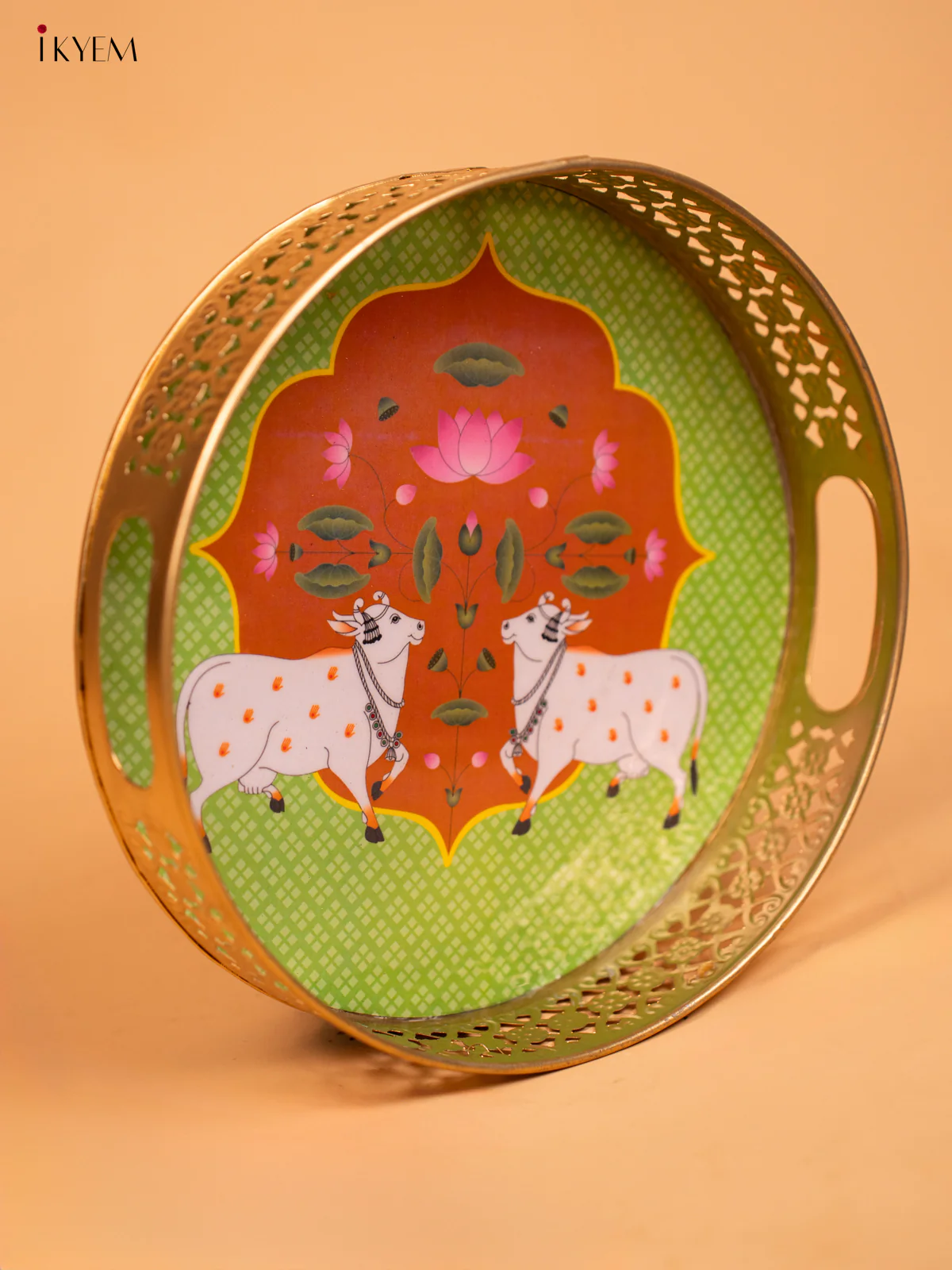 Metal Digital Pichwai tray Cow - Green - 8 Inch - KD12114 - Image 4