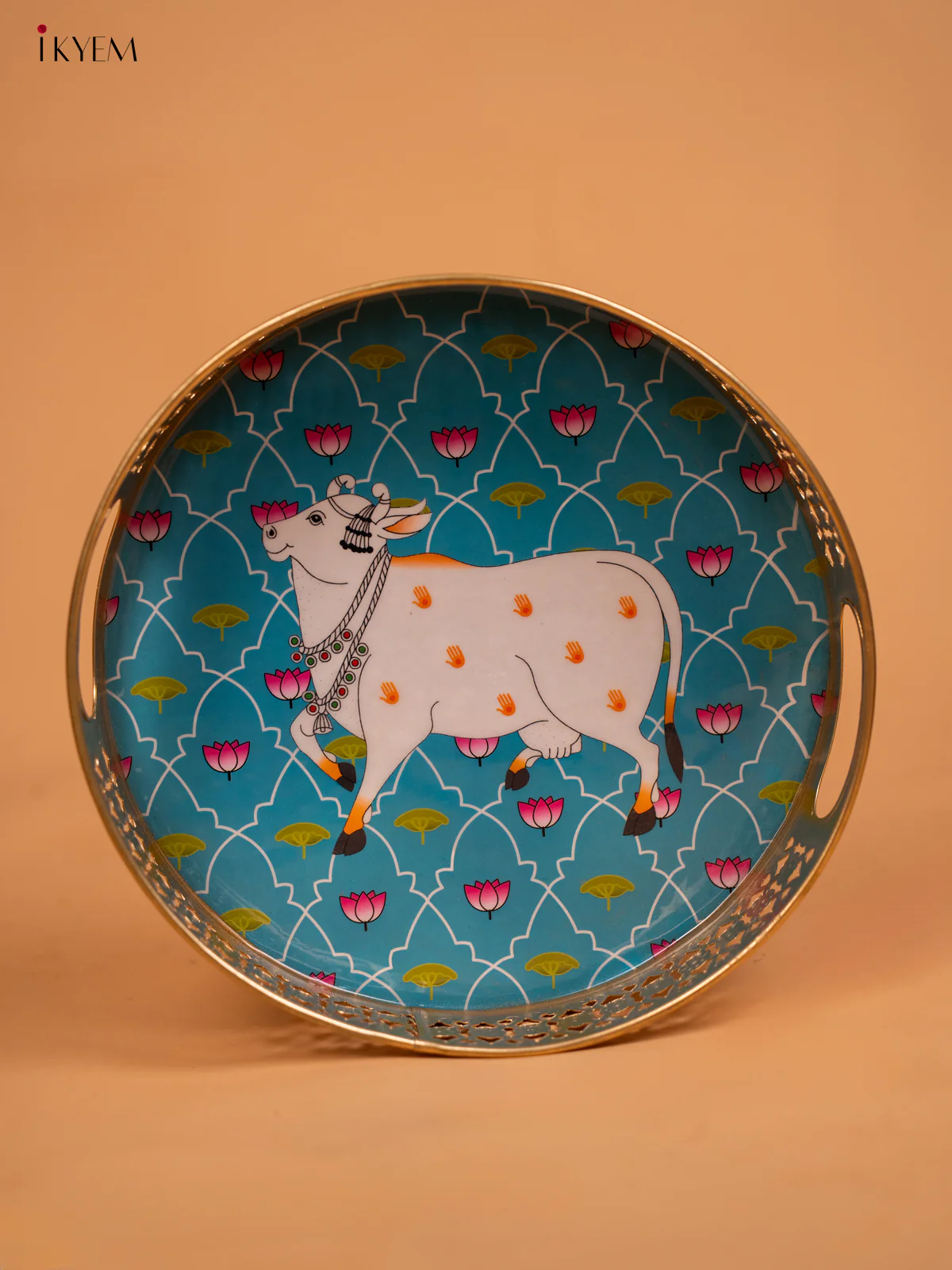 Metal Digital Pichwai tray Cow - Sky Blue - 10 inch - KD12116 - Image 2
