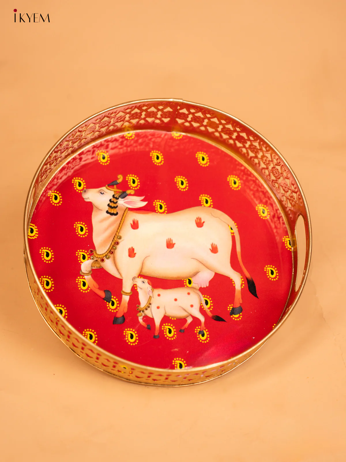 Metal Digital Pichwai tray Cow and Calf - orange - 10 inch - KD12118