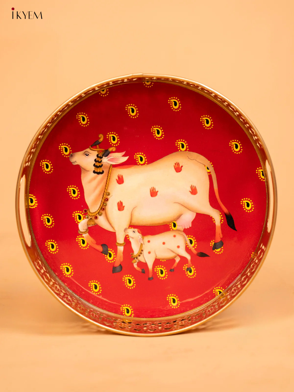 Metal Digital Pichwai tray Cow and Calf - orange - 10 inch - KD12118 - Image 2
