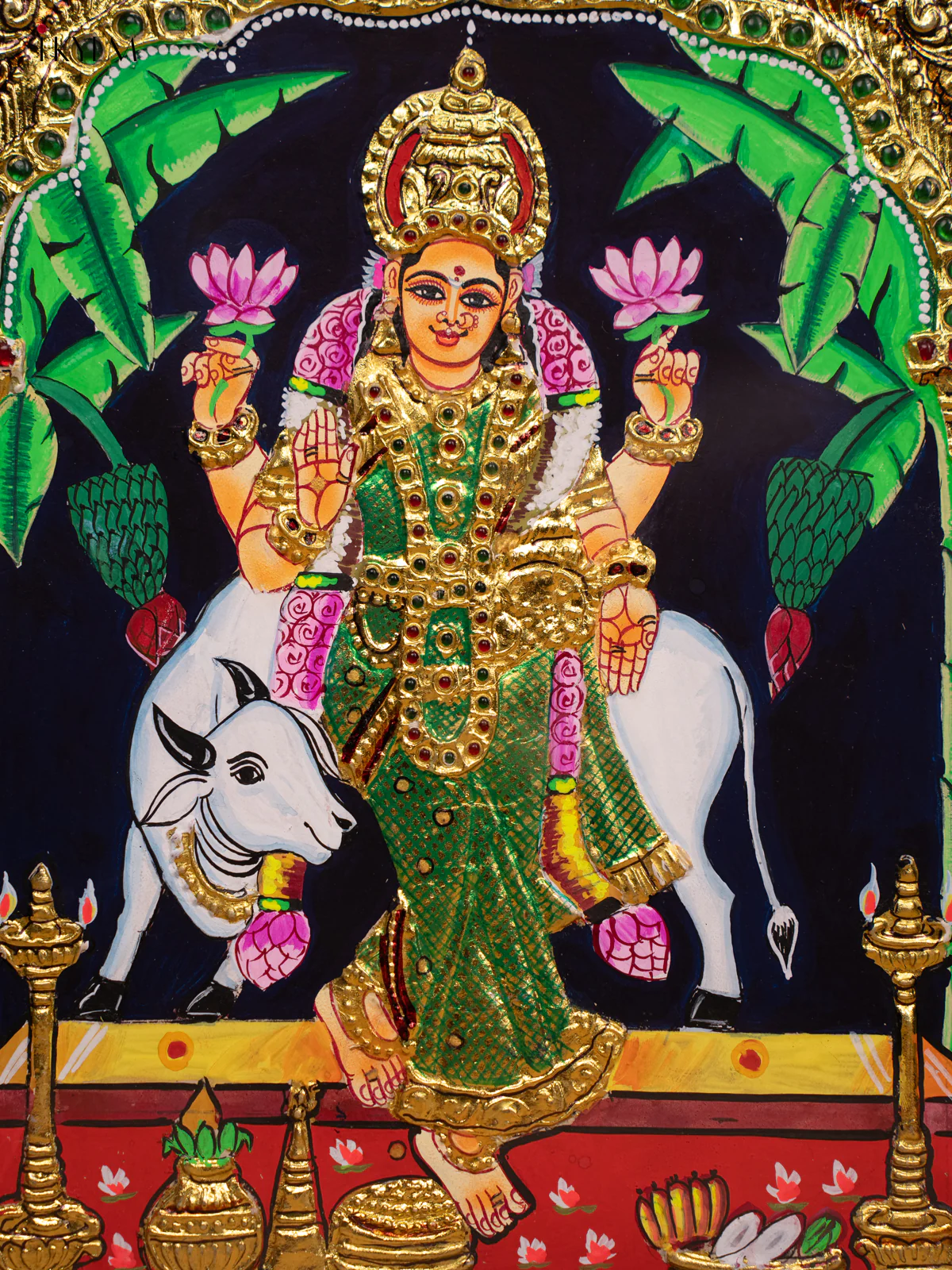 Garuda Lakshmi and Cow - Tanjore Painting (15x13) - KD17134 - Image 3