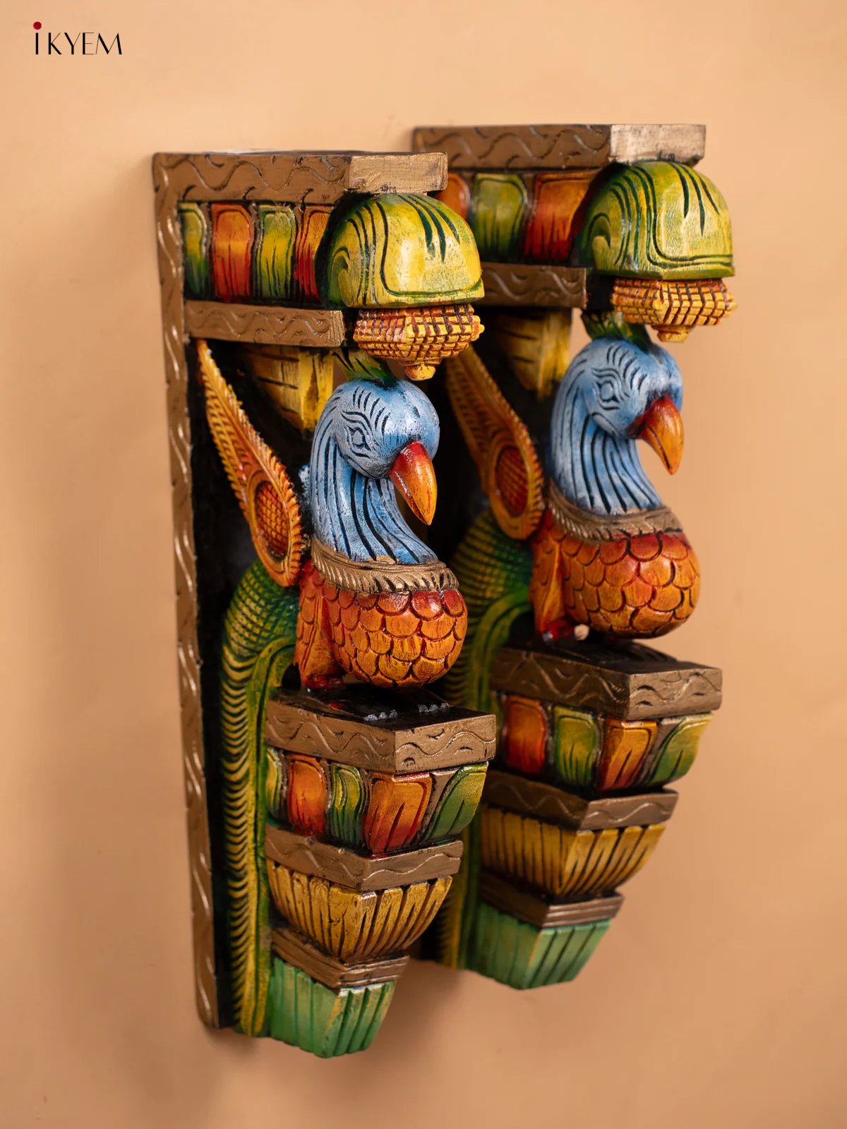 Wooden Hand Carved Painted Wall Bracket - Set of 2 Parrot - KD18112 - Image 2