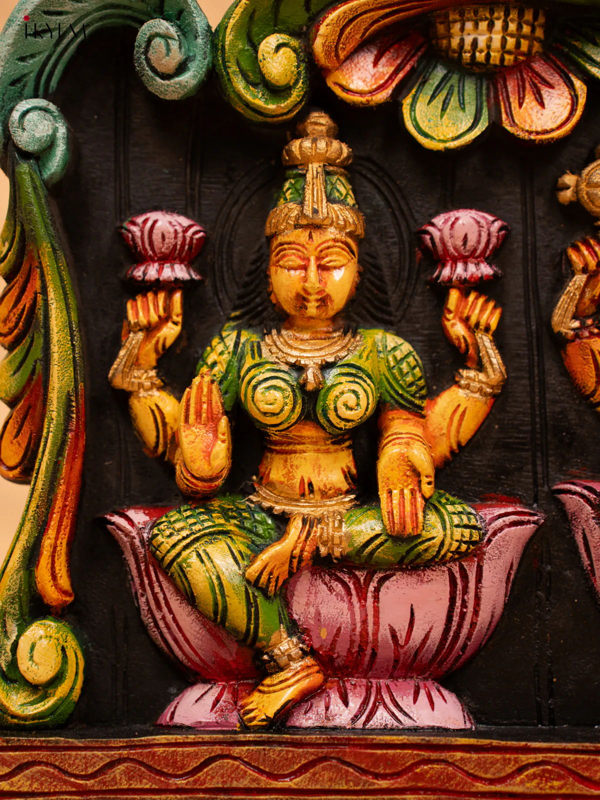 Wooden Hand Carved Painted Ganesha, Lakshmi, Saraswathy Panel - KD18122 - Image 2