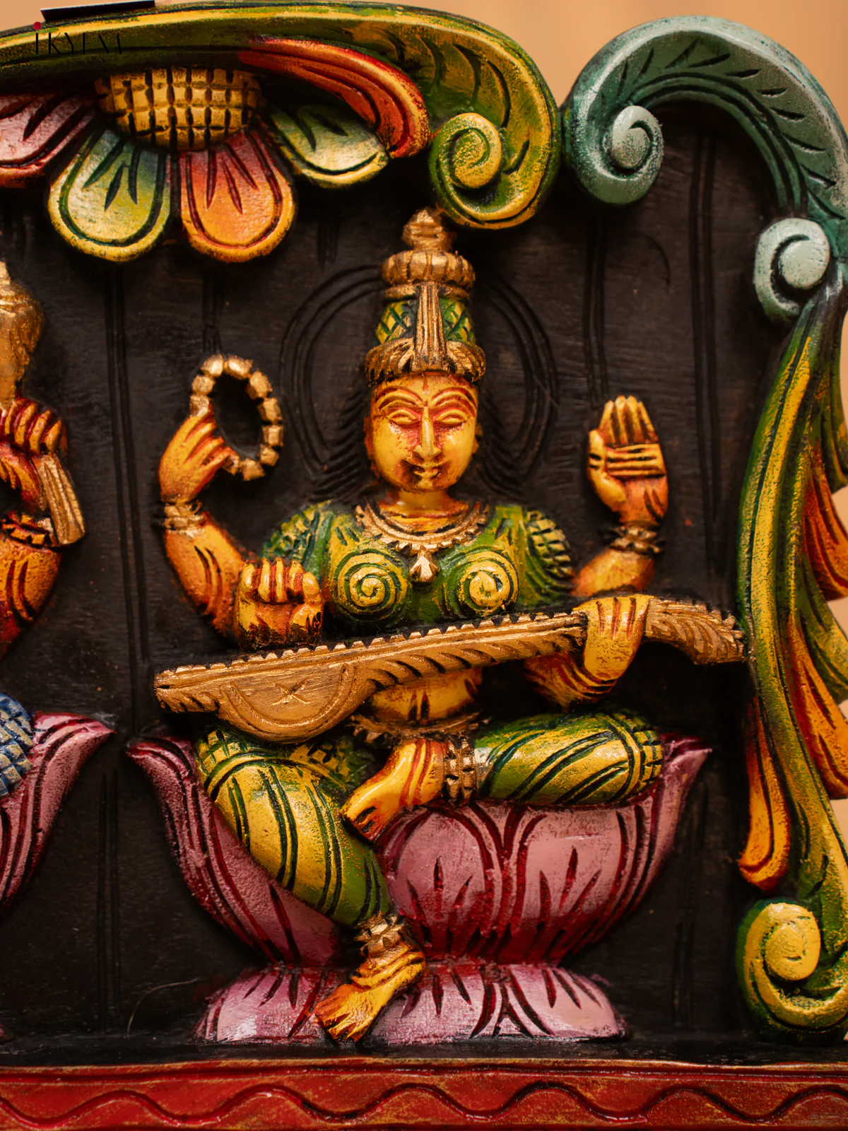 Wooden Hand Carved Painted Ganesha, Lakshmi, Saraswathy Panel - KD18122 - Image 4
