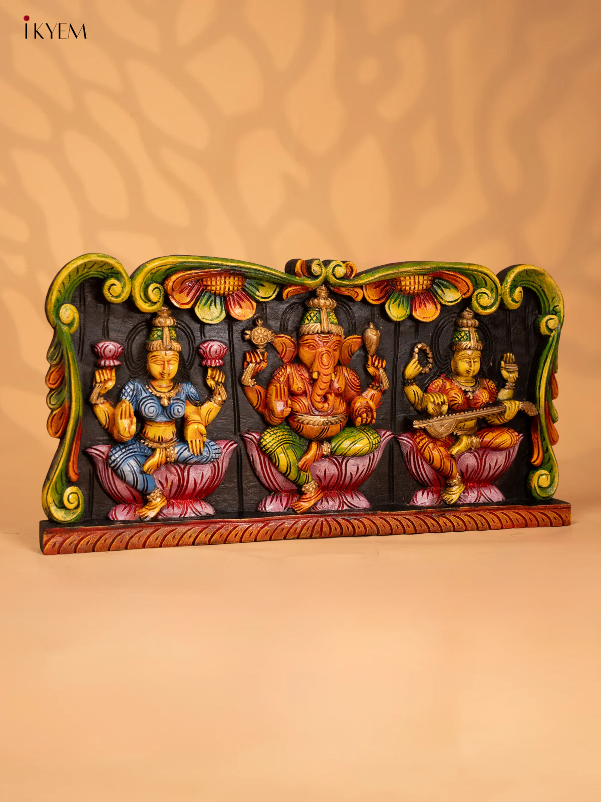 Wooden Hand Carved Painted Ganesha, Lakshmi, Saraswathy Panel - KD18123 - Image 5
