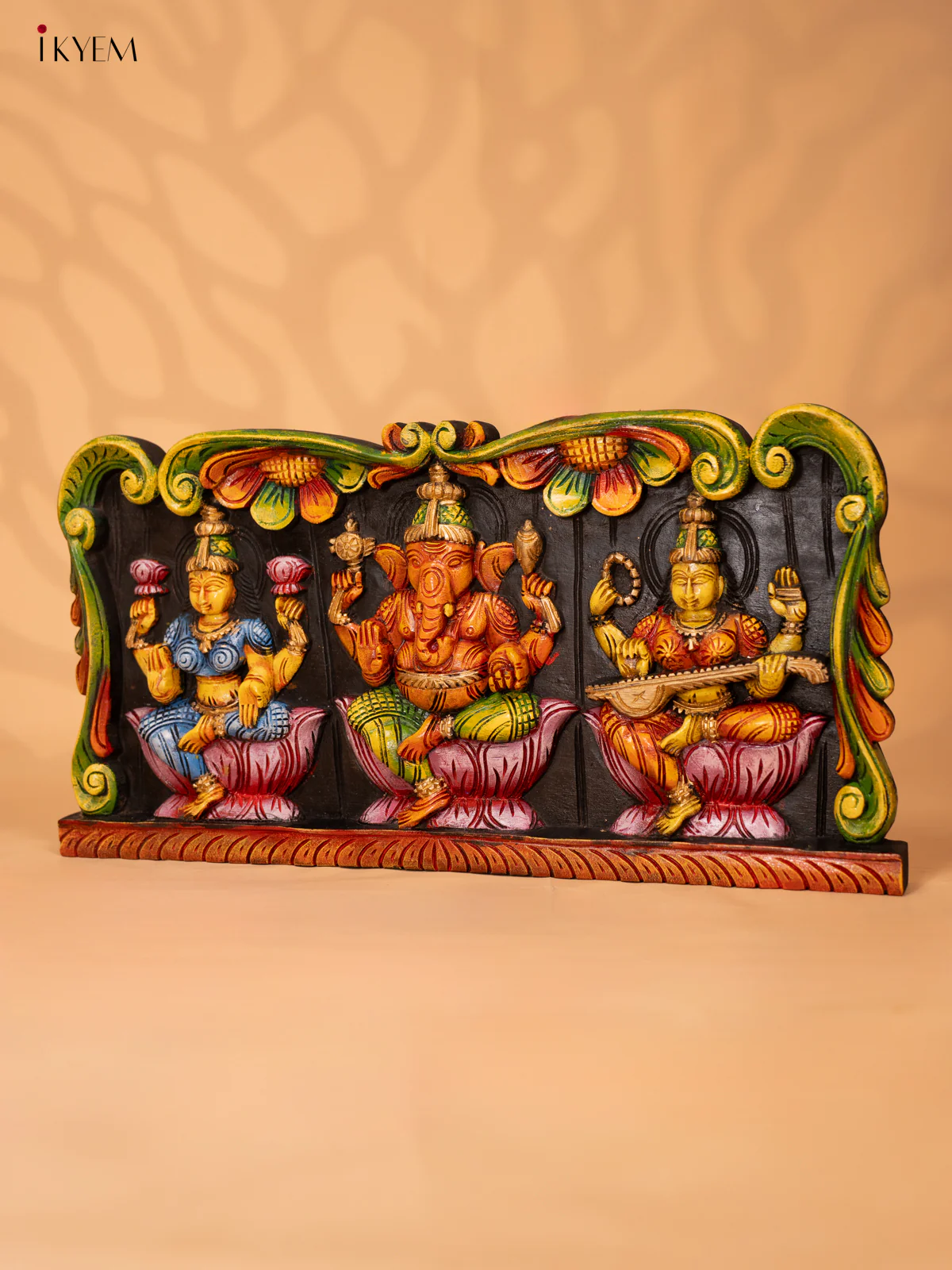 Wooden Hand Carved Painted Ganesha, Lakshmi, Saraswathy Panel - KD18123 - Image 6