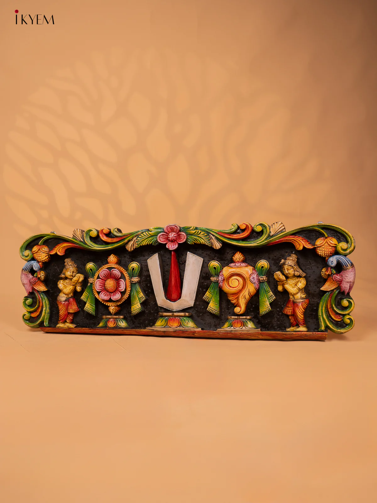 Wooden Hand Carved Painted Sangu Chakram Namam, Panel - KD18124 - Image 5