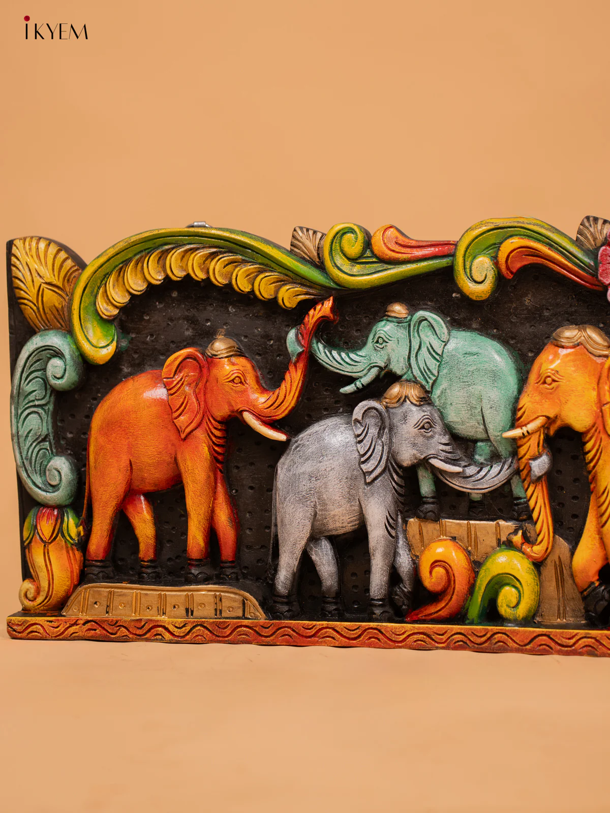 Wooden Hand Carved Painted Elephant Panel - KD18126 - Image 2