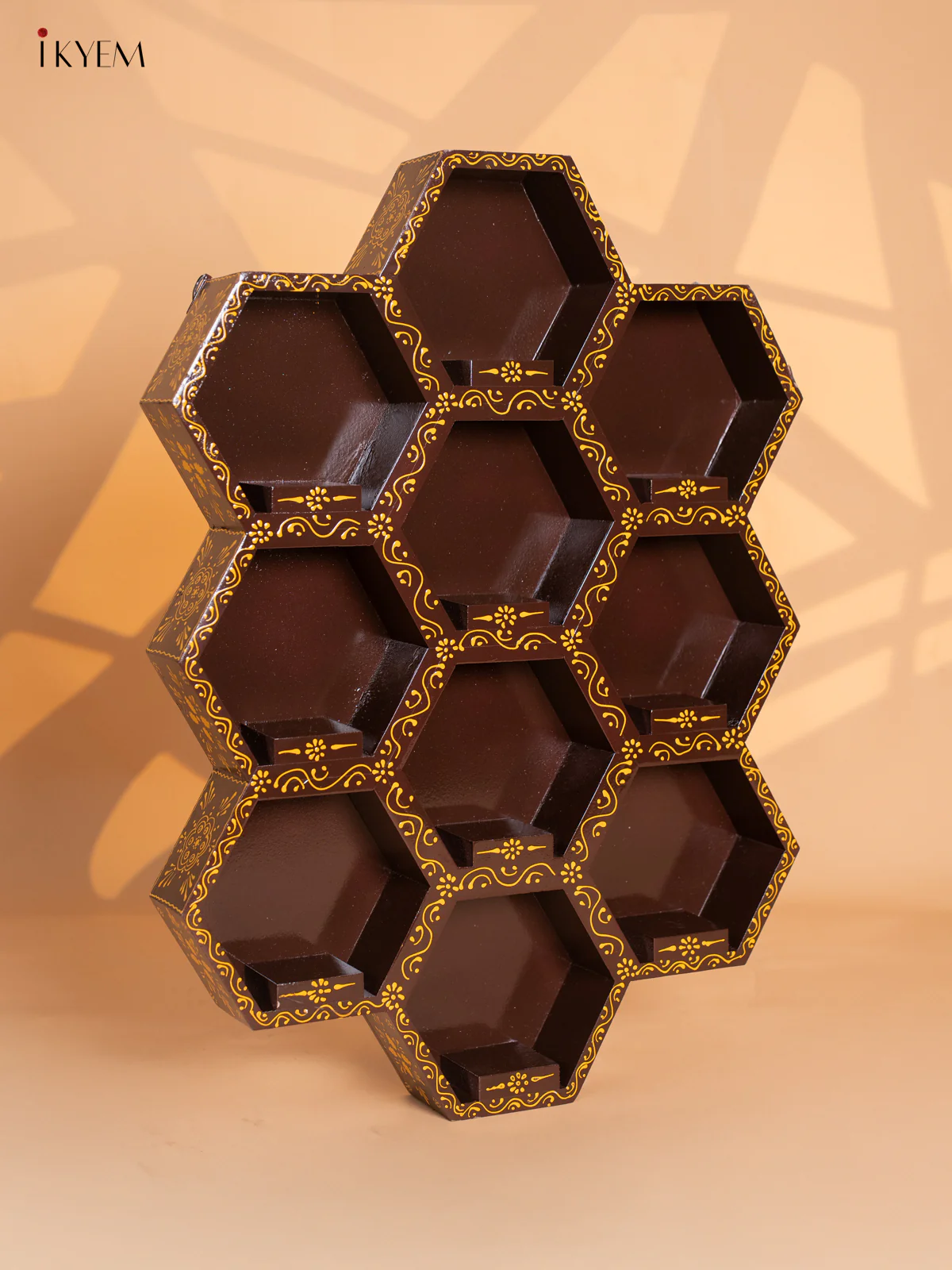 WOODEN HANDPAINTED WALL SHELF 10 OCTAGON BOXES- COFFEE BROWN - KD18148 - Image 5