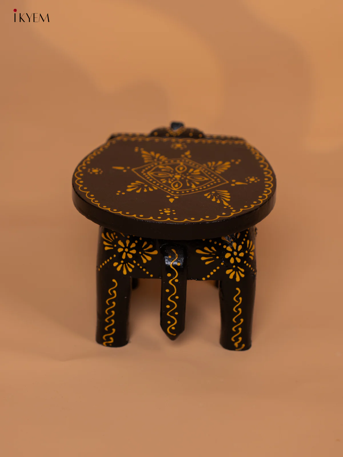 Wooden Hand painted Elephant Stool - Black with Yellow - 4 Inch- KD18149 - Image 4