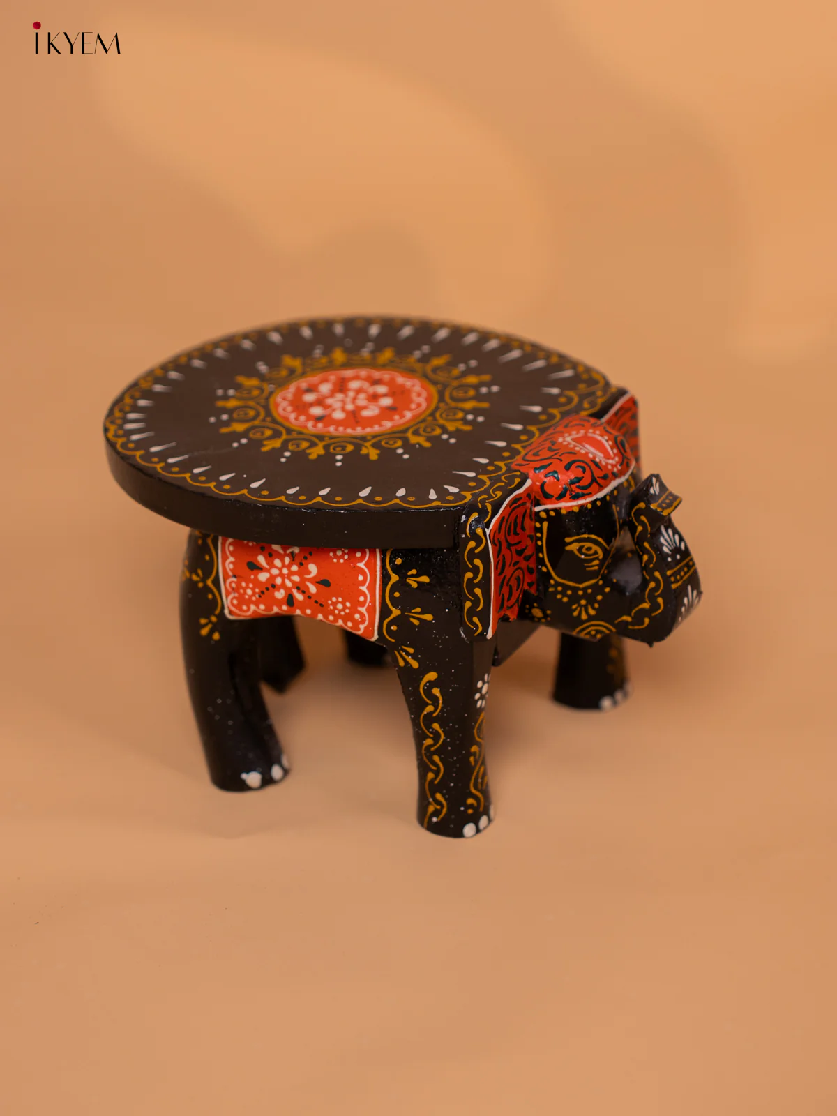 Wooden Hand painted Elephant Stool - Black with Orange - 4 Inch - KD18150 - Image 2