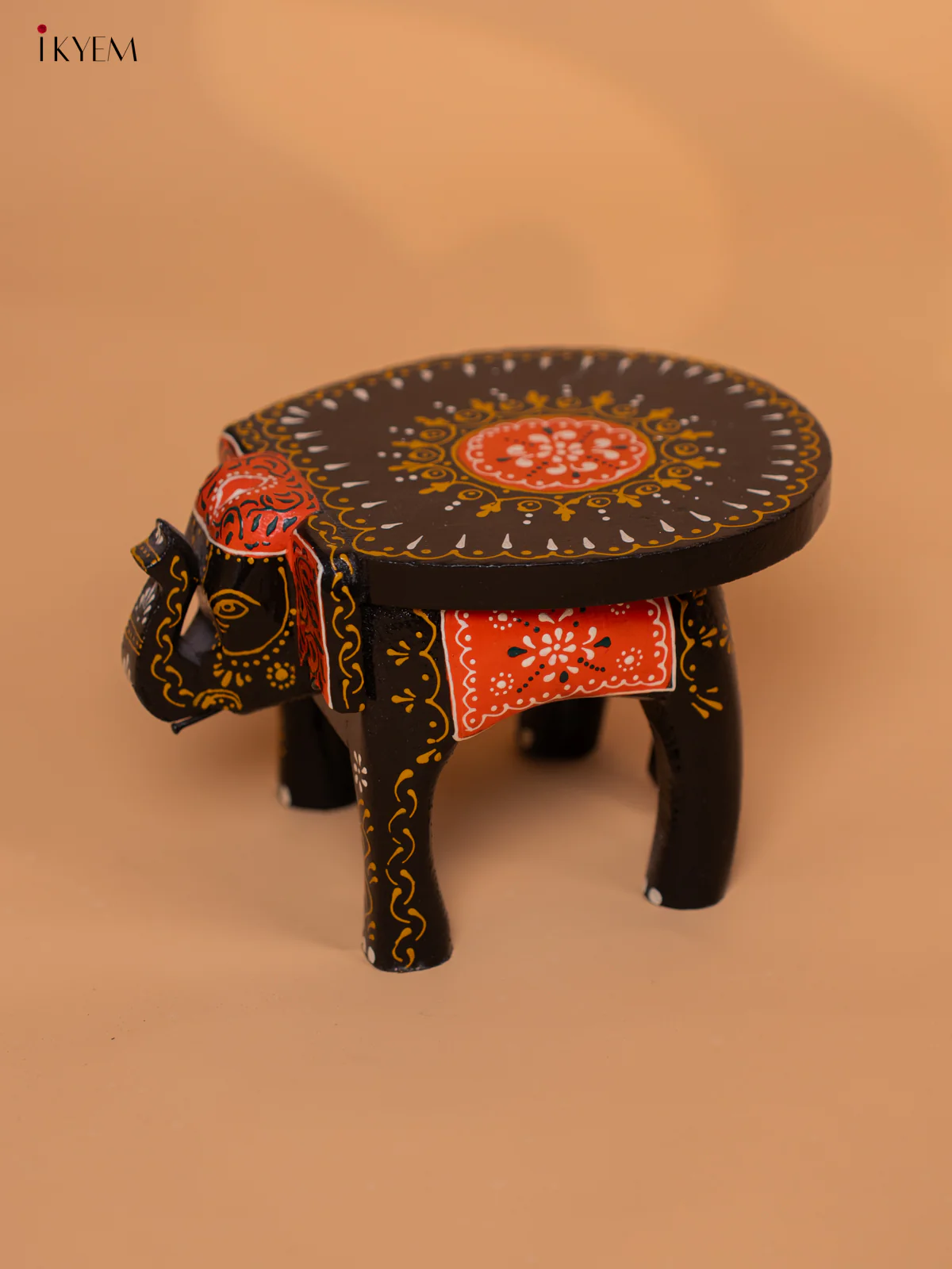 Wooden Hand painted Elephant Stool - Black with Orange - 4 Inch - KD18150 - Image 3