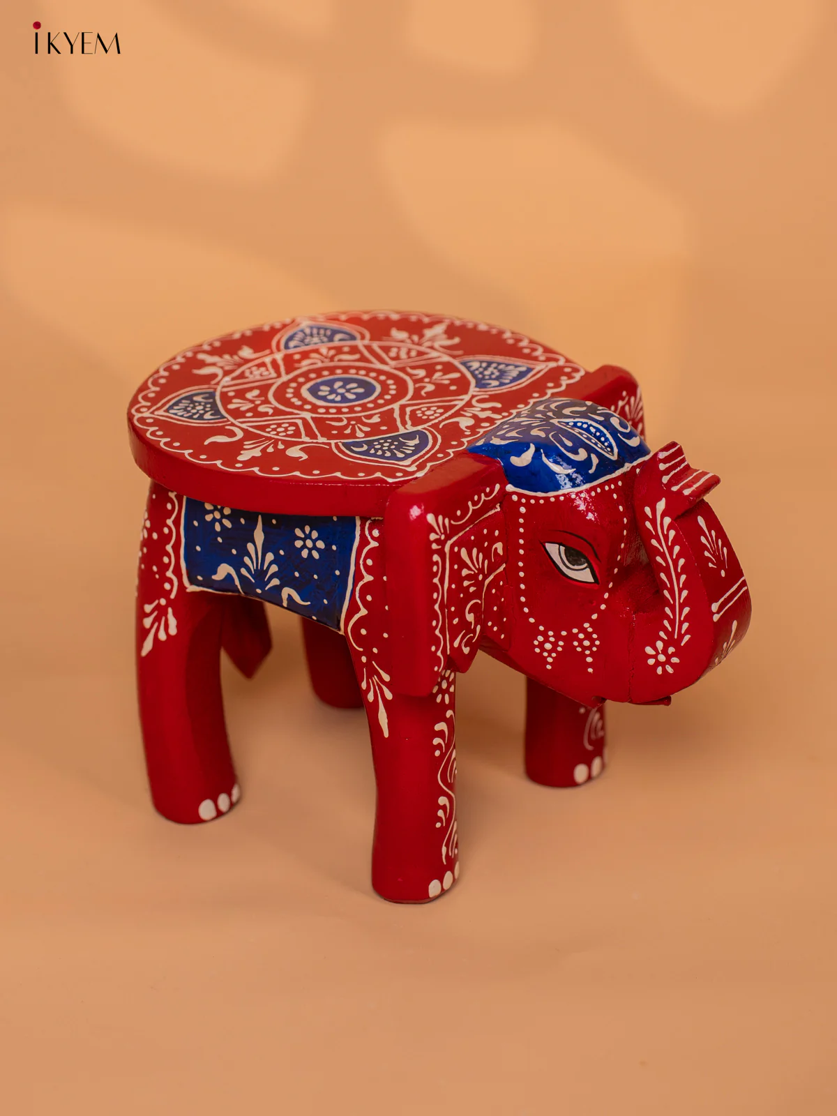 Wooden Hand painted Elephant Stool - Red with Blue - 6 Inch - KD18154 - Image 2
