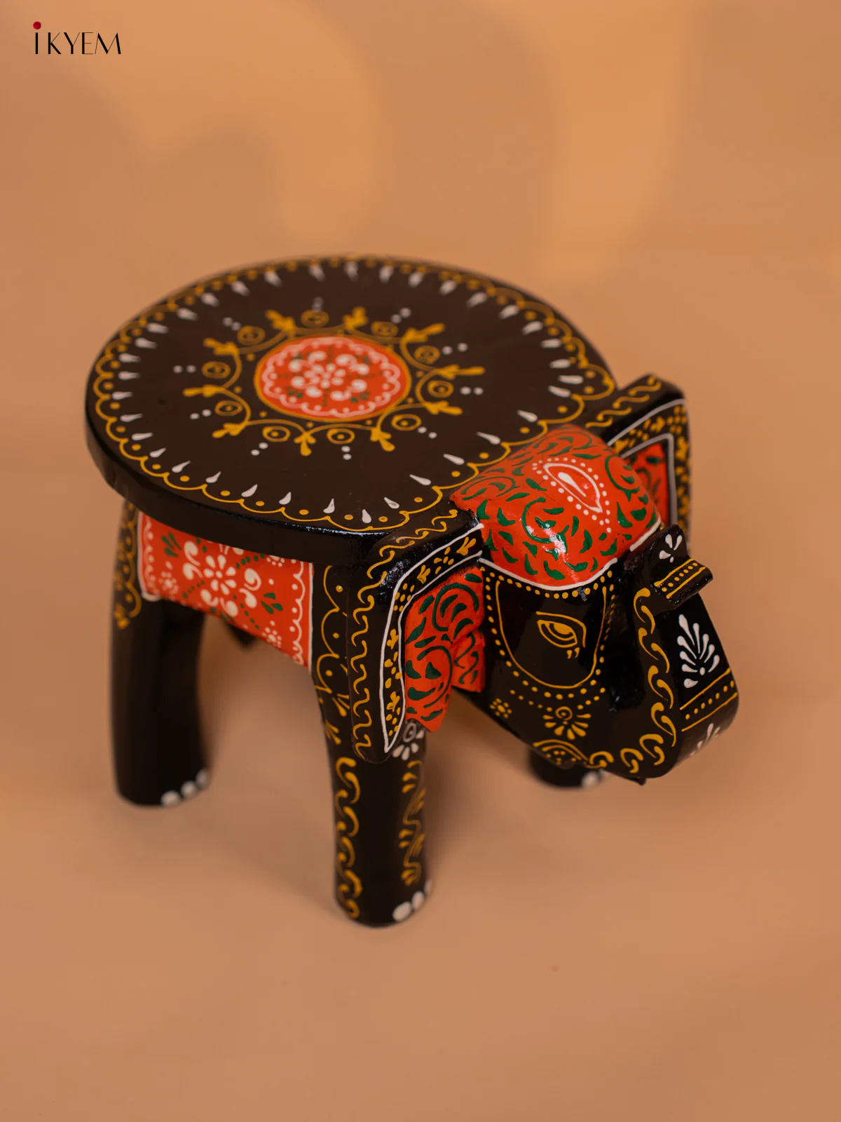 Wooden Hand painted Elephant Stool - Black with Orange - 6 Inch- KD18156 - Image 2