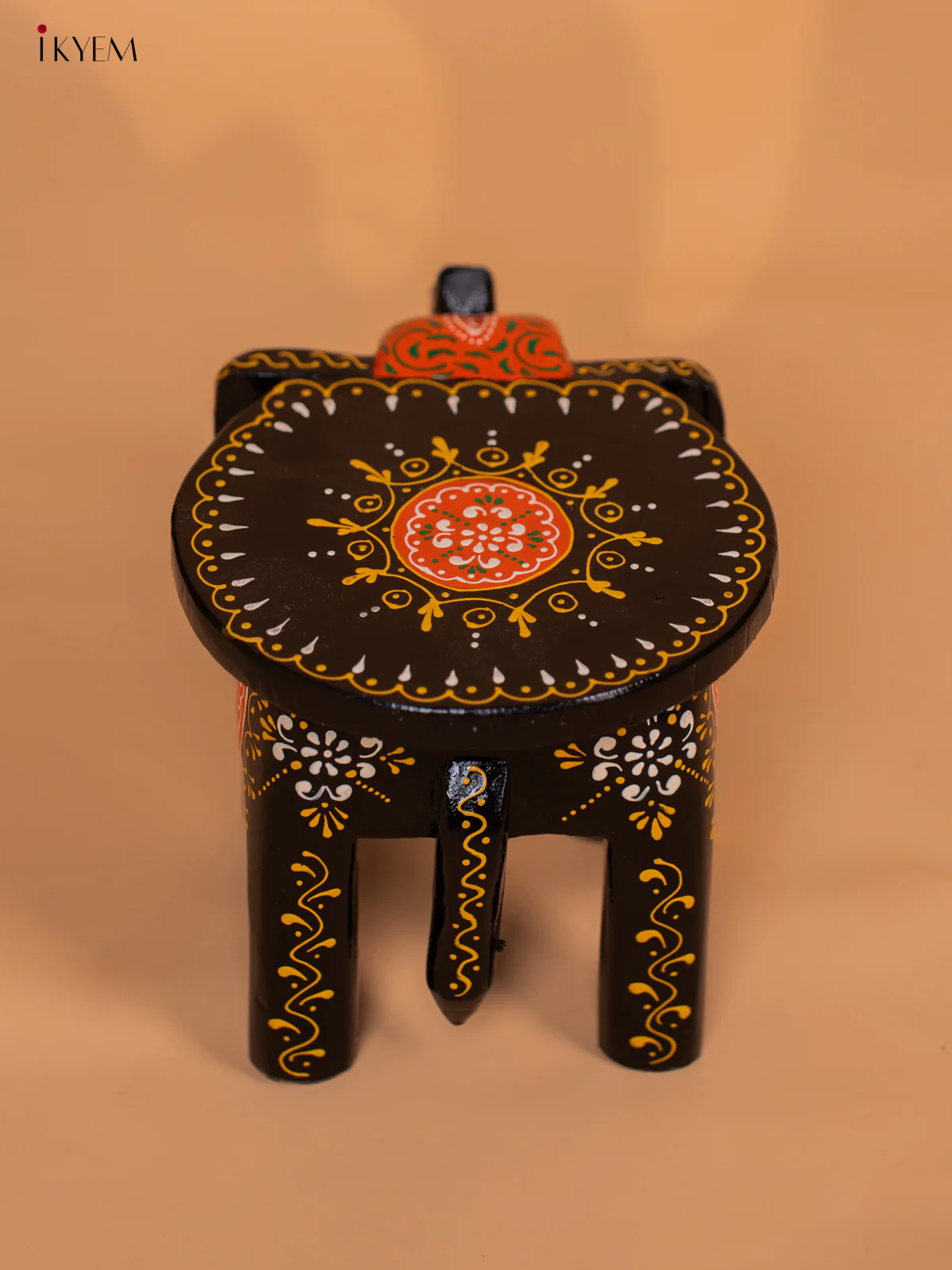 Wooden Hand painted Elephant Stool - Black with Orange - 6 Inch- KD18156 - Image 4