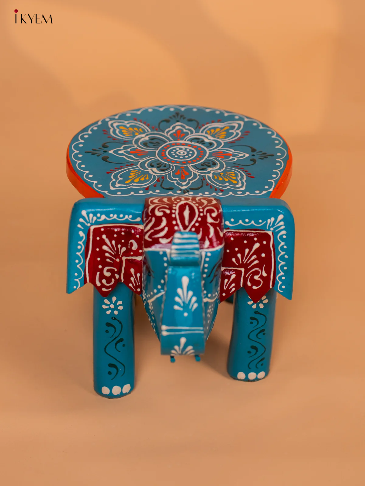 Wooden Hand painted Elephant Stool - Sky Blue - 6 Inch - KD18157