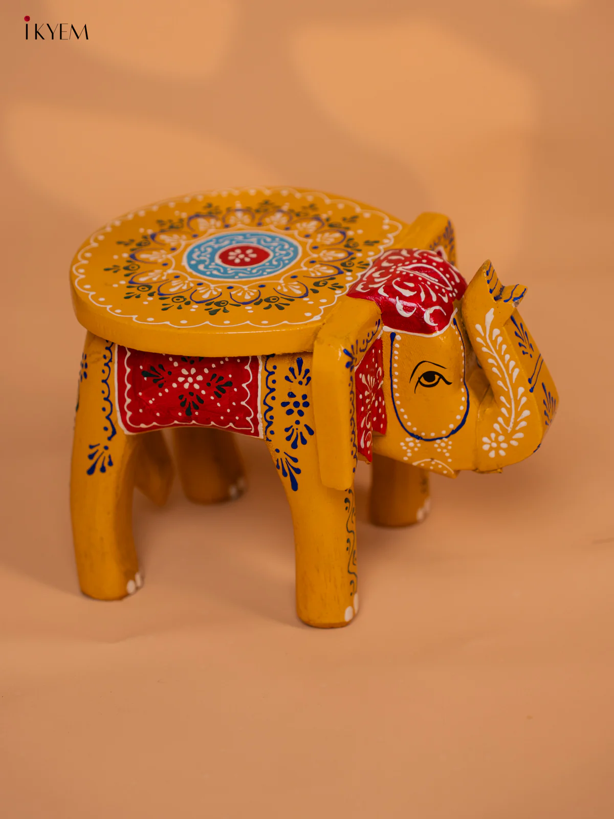 Wooden Hand painted Elephant Stool - Yellow - 6 Inch - KD18158 - Image 2