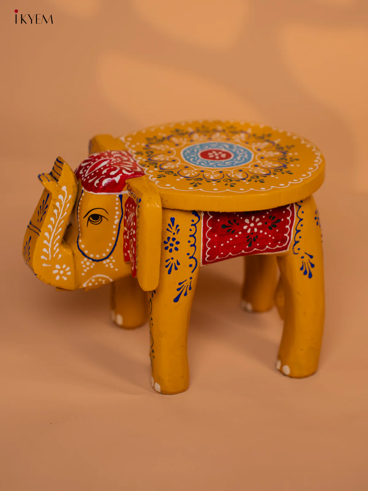 Wooden Hand painted Elephant Stool - Yellow - 6 Inch - KD18158 - Image 3