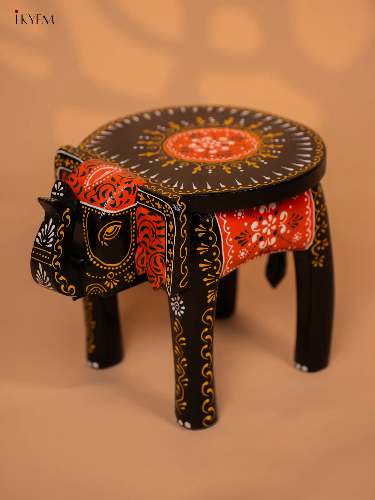 Wooden Hand painted Elephant Stool - Black with Orange - 8 Inch -KD18159 - Image 3