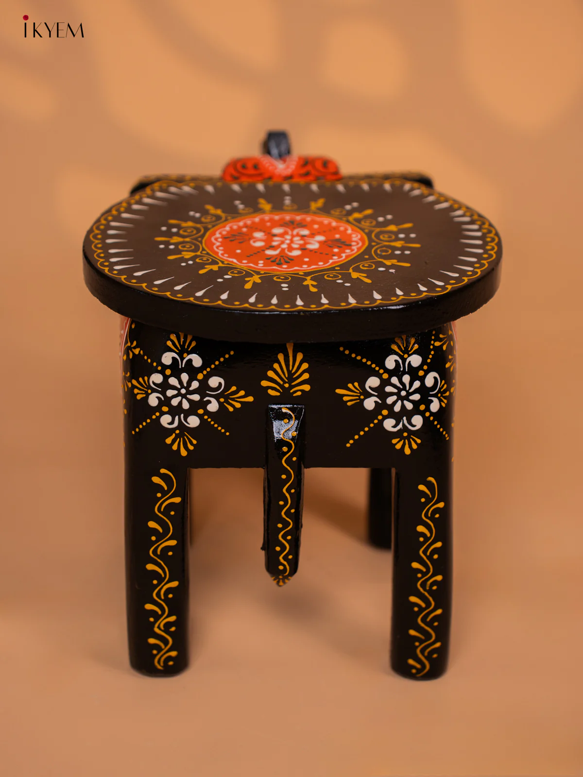 Wooden Hand painted Elephant Stool - Black with Orange - 8 Inch -KD18159 - Image 4
