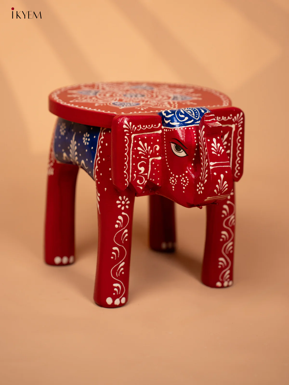 WOODEN HANDPAINTED ELEPHANT STOOL -RED WITH BLUE- 8INCH - KD18160 - Image 3
