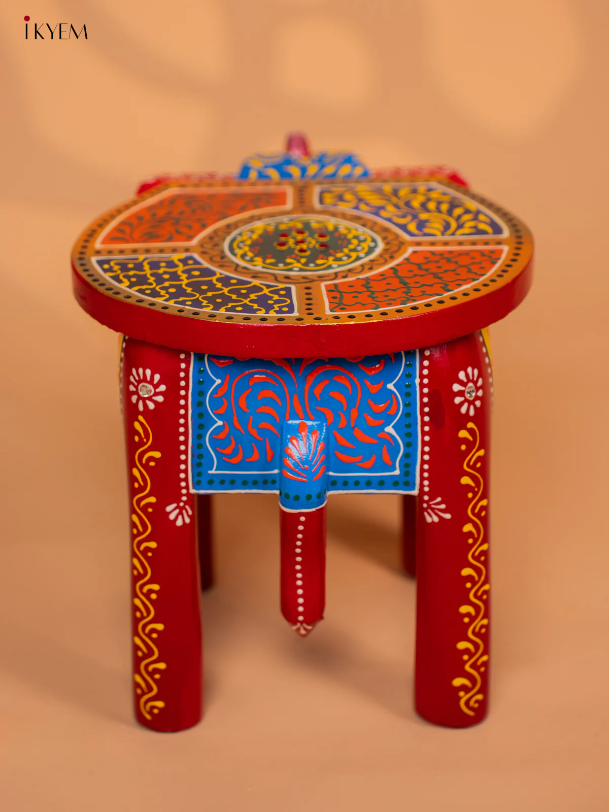 Wooden Hand painted Elephant Stool - Red with Yellow - 8 Inch - KD18161 - Image 4