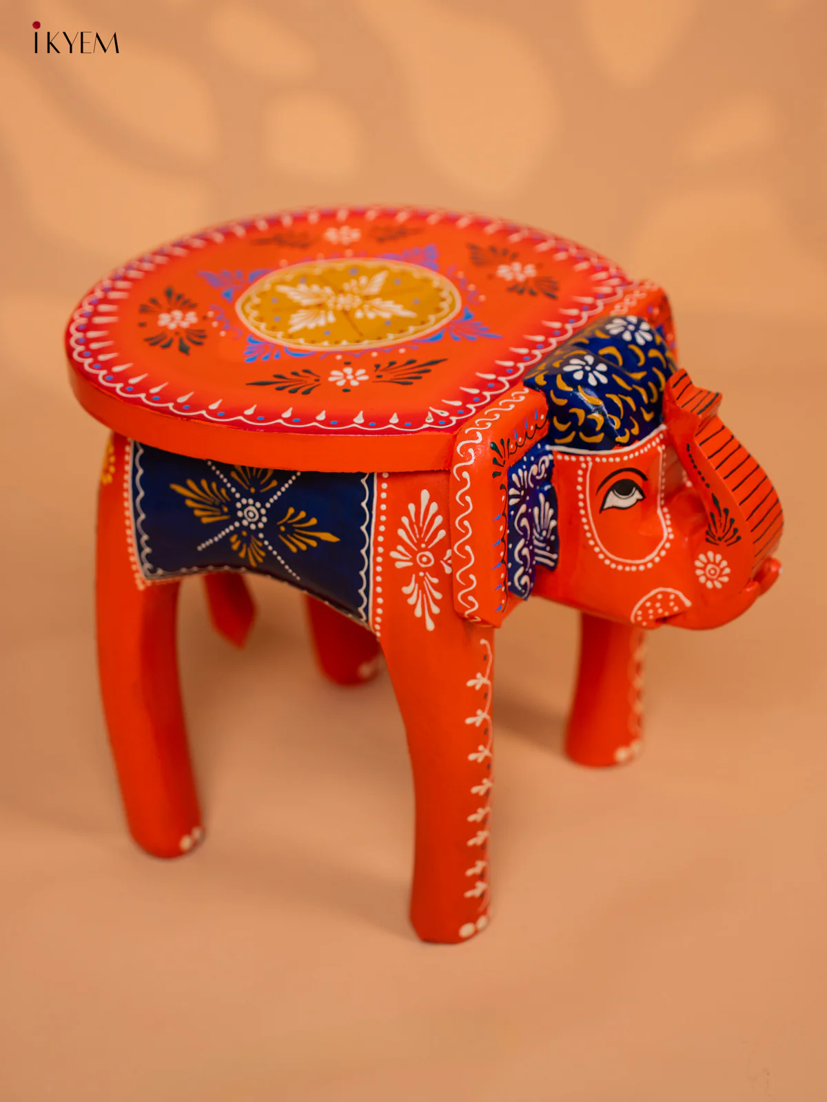 Wooden Hand painted Elephant Stool - Orange - 10 Inch - KD18167 - Image 2
