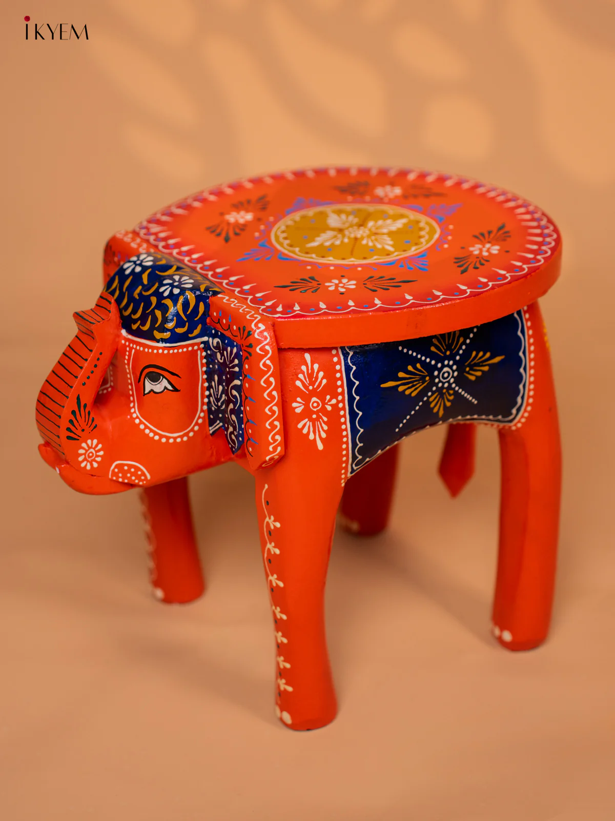 Wooden Hand painted Elephant Stool - Orange - 10 Inch - KD18167 - Image 3