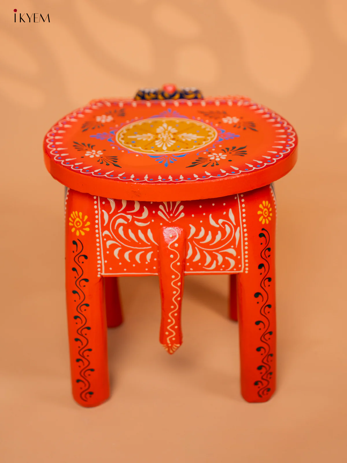 Wooden Hand painted Elephant Stool - Orange - 10 Inch - KD18167 - Image 4
