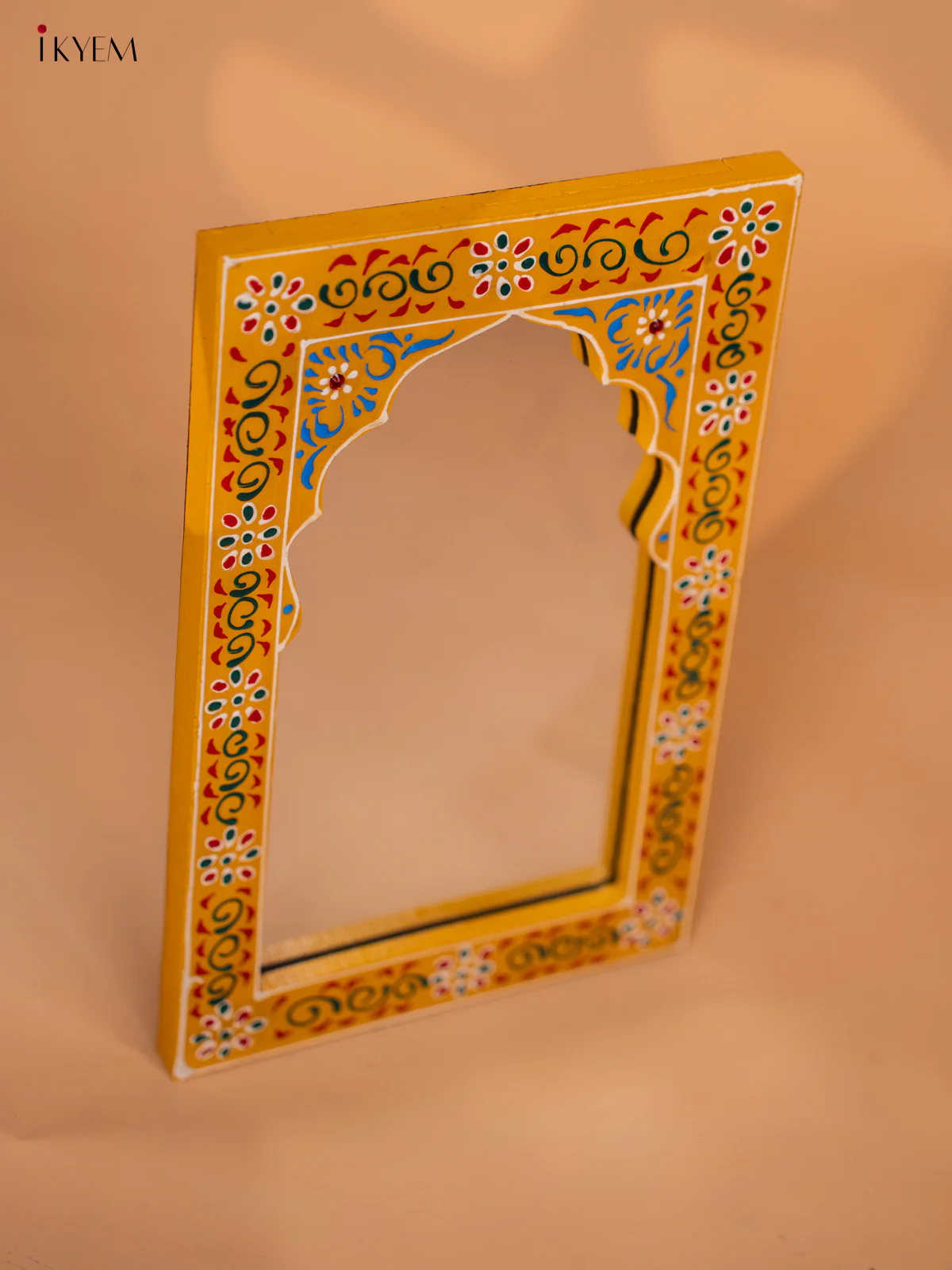 Wooden Hand painted Jharokha Frame with Mirror - Yellow- KD18168 - Image 3