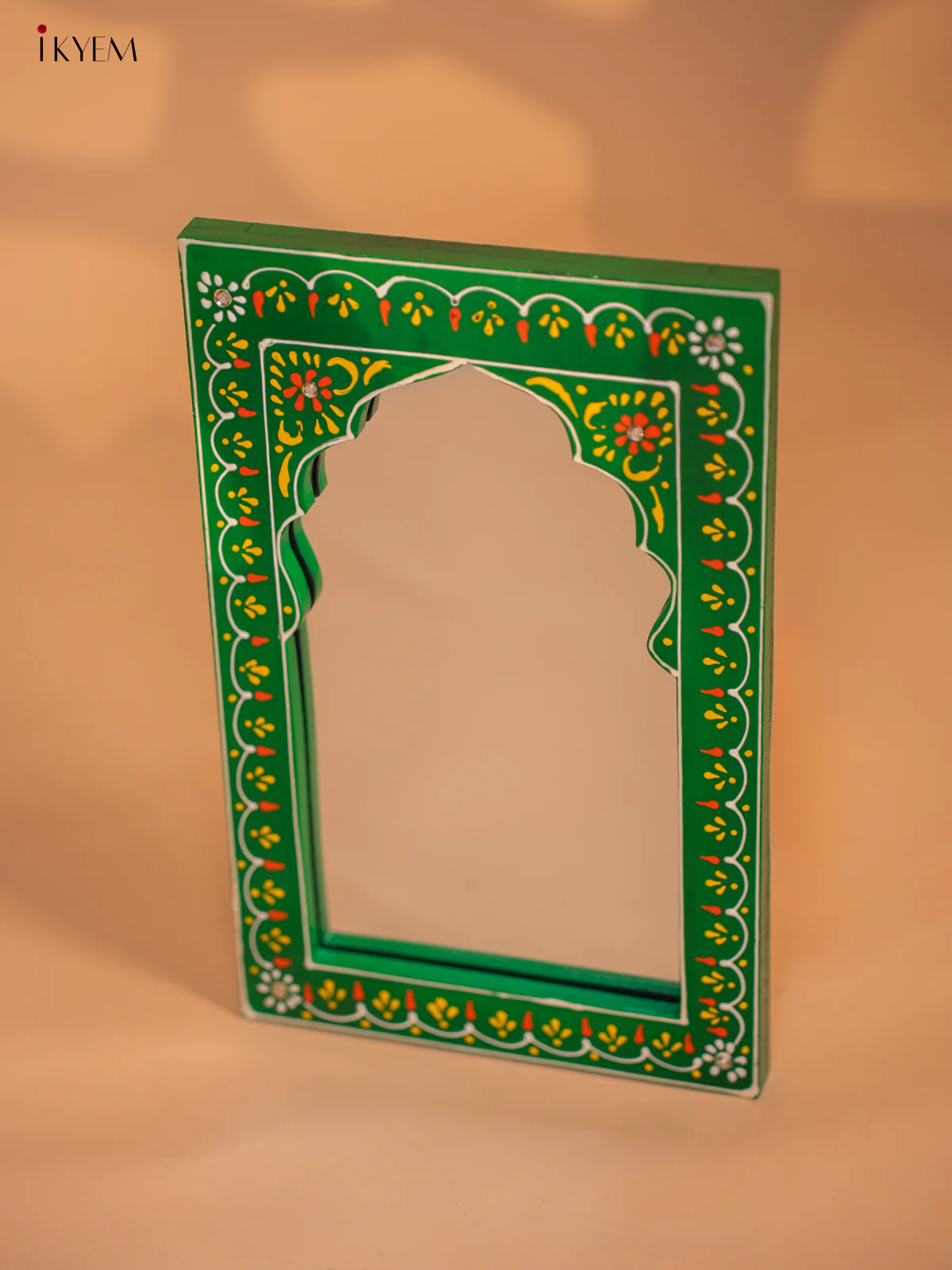 Wooden Hand painted Jharokha Frame with Mirror - Green- KD18169 - Image 3