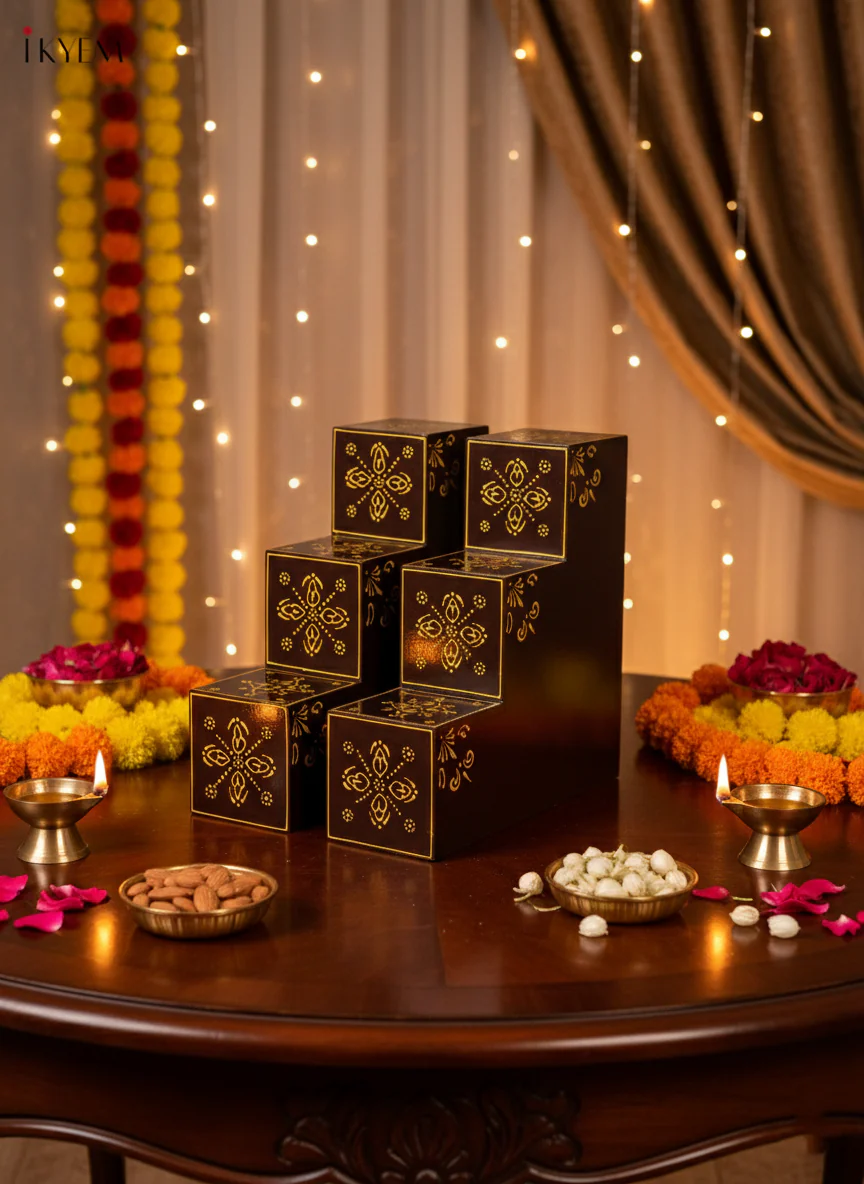 Hand-Painted Wooden 3-Step Diya Padi (Set Of 2) - Coffee Brown - 12 Inches - KD18175
