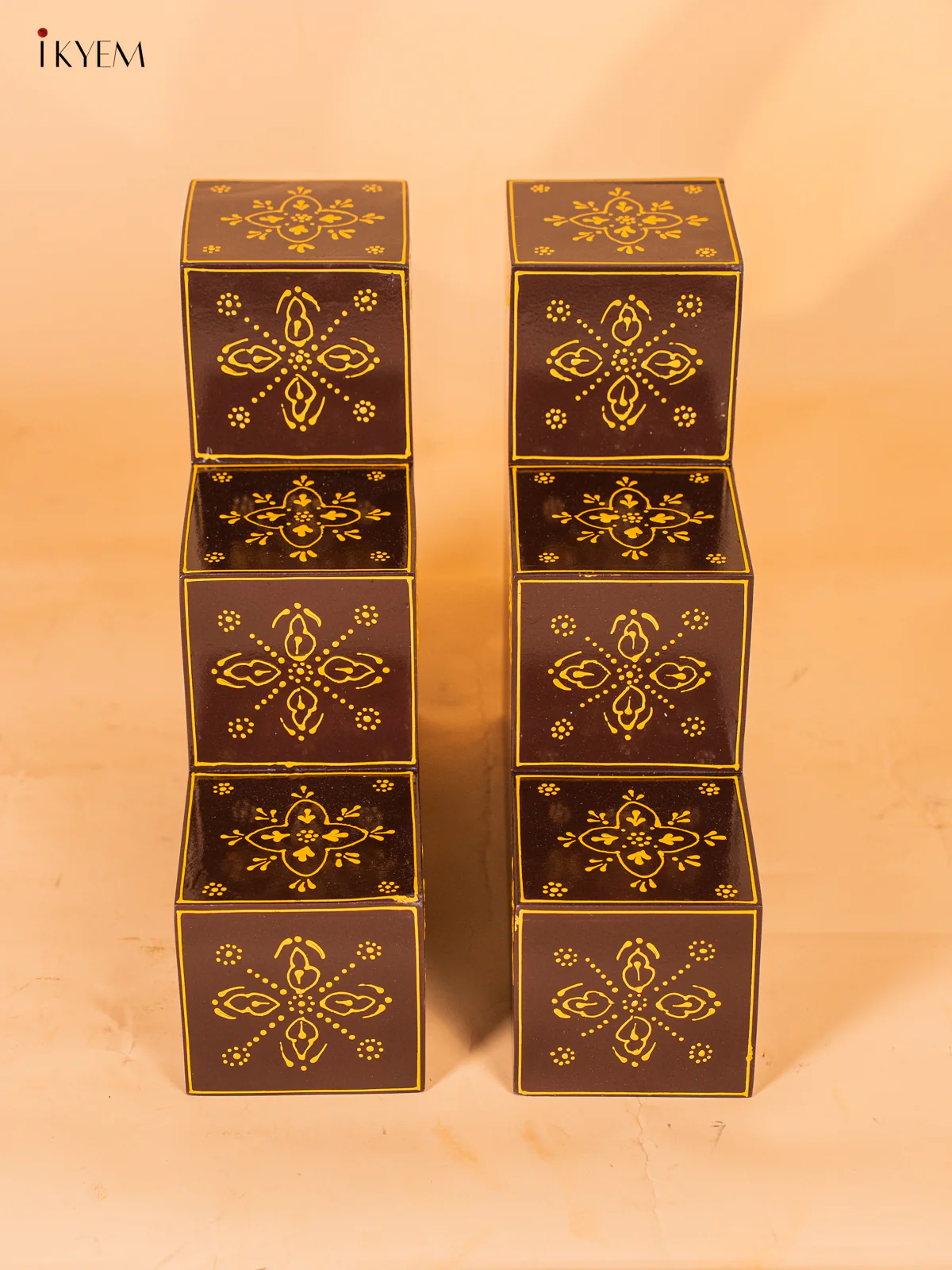 Hand-Painted Wooden 3-Step Diya Padi (Set Of 2) - Coffee Brown - 12 Inches - KD18175 - Image 3
