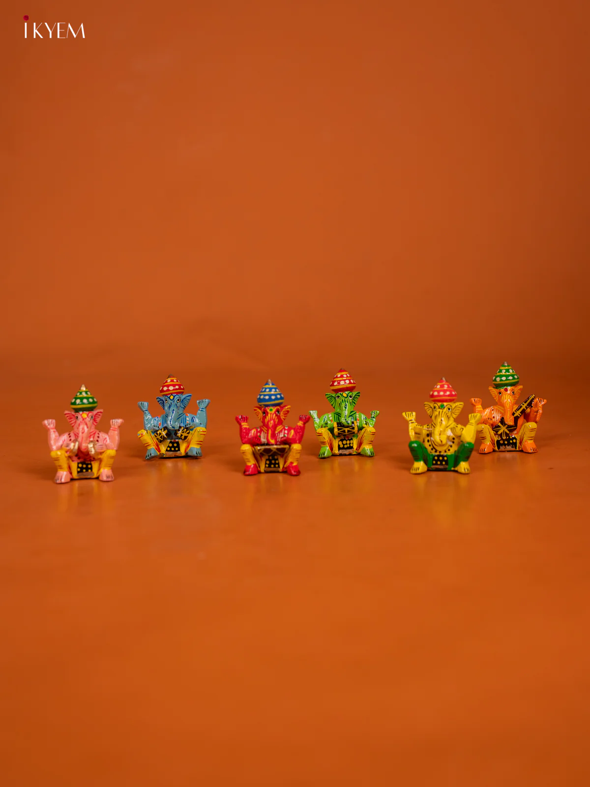 Wooden Kondapalli Hand Painted Set of 6 Small Sitting Musical Ganesh - KD24118