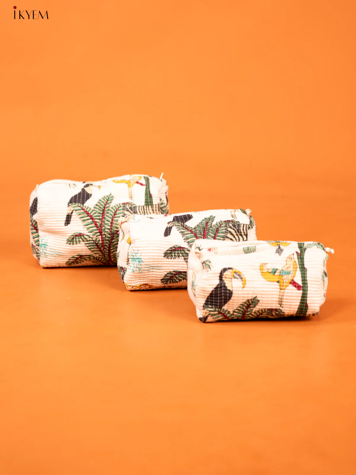 Cotton printed Pouch - Set of 3 - White - KD26328
